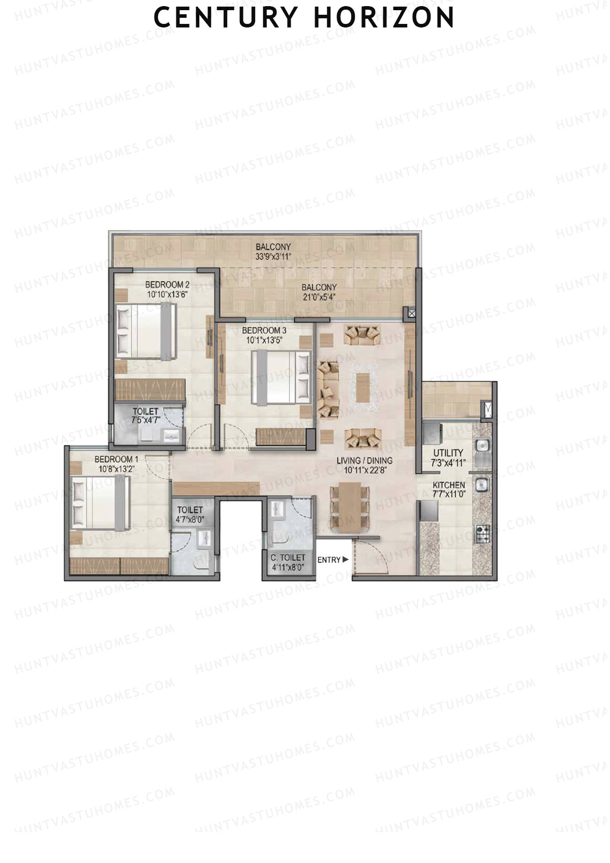Century Horizon, Tower A, Unit 7 (Type C1), 3BHK, Super Area 1837   sq ft 