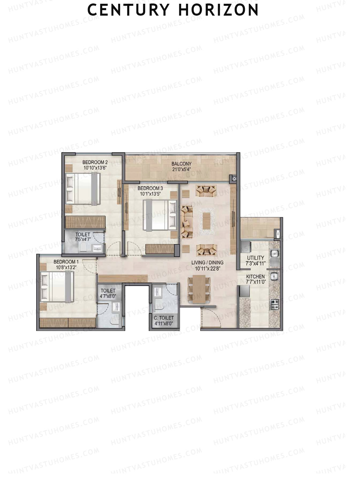 Century Horizon, Tower A, Unit 8 (Type C), 3BHK, Super Area 1667   sq ft 