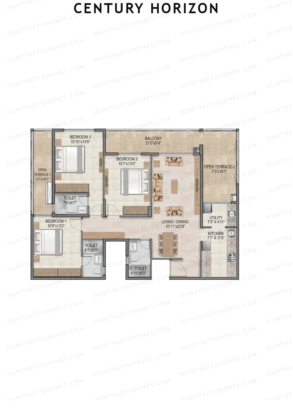 Century Horizon, Tower A, Unit 9 (Type C), 3BHK, Super Area 1667   sq ft 