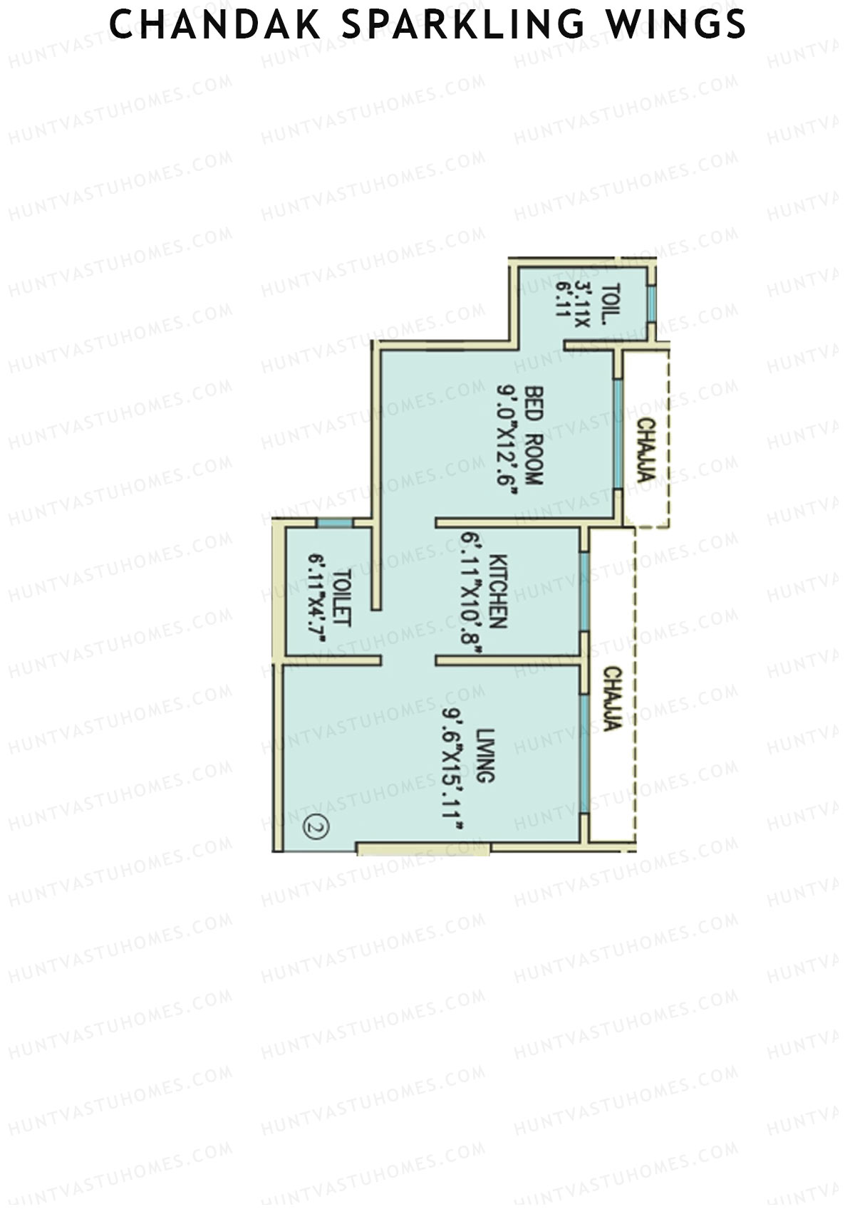 Chandak Sparkling Wings, Wing A, Unit 2, 1BHK, Carpet Area 403   sq ft 