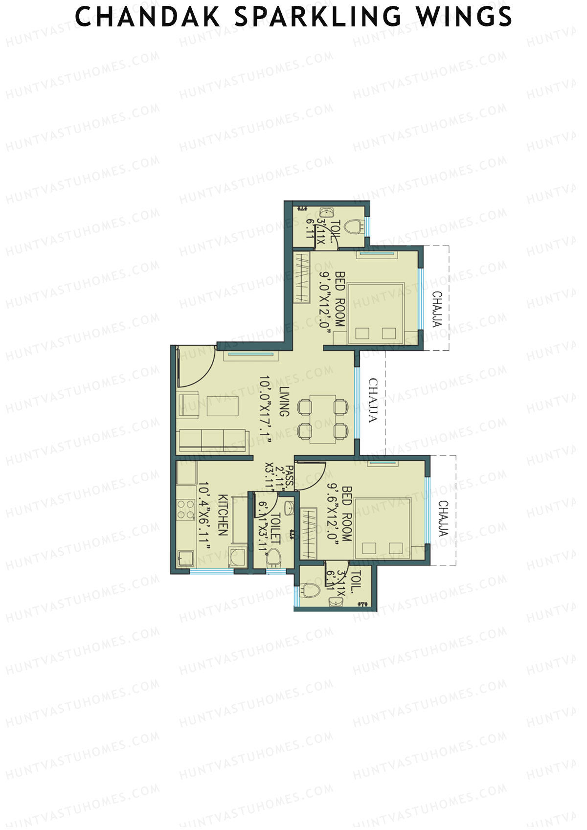 Chandak Sparkling Wings, Wing A, Unit 3, 2BHK, Carpet Area 568   sq ft 