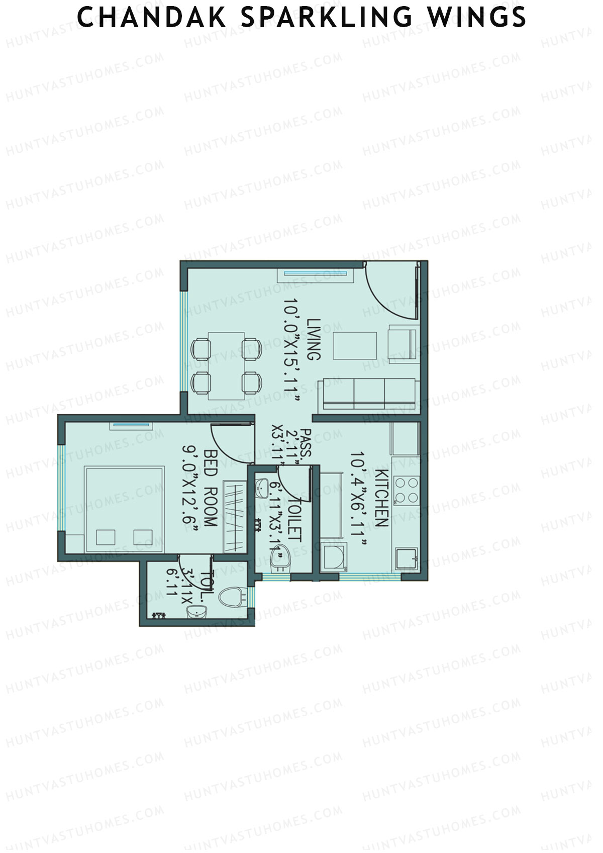 Chandak Sparkling Wings, Wing A, Unit 4, 1BHK, Carpet Area 418   sq ft 