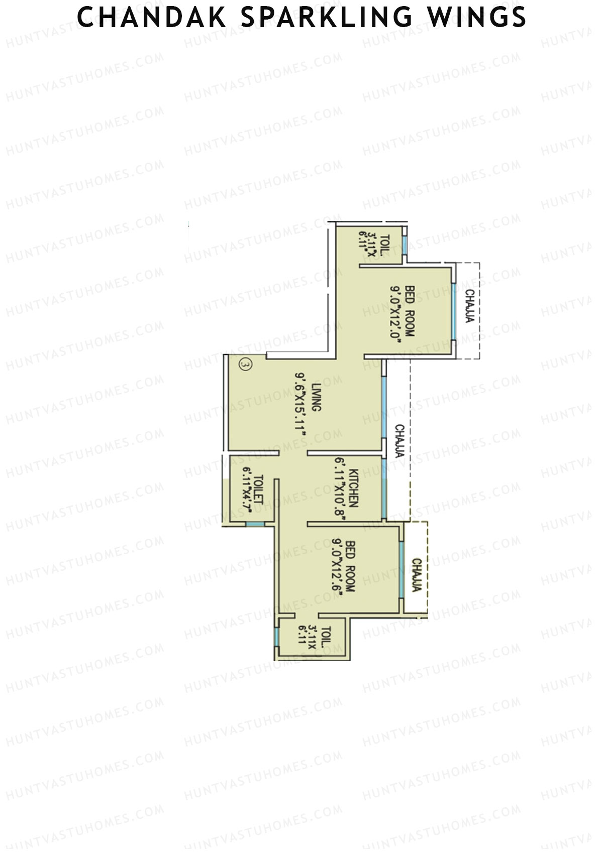 Chandak Sparkling Wings, Wing B, Unit 3, 2BHK, Carpet Area 541   sq ft 