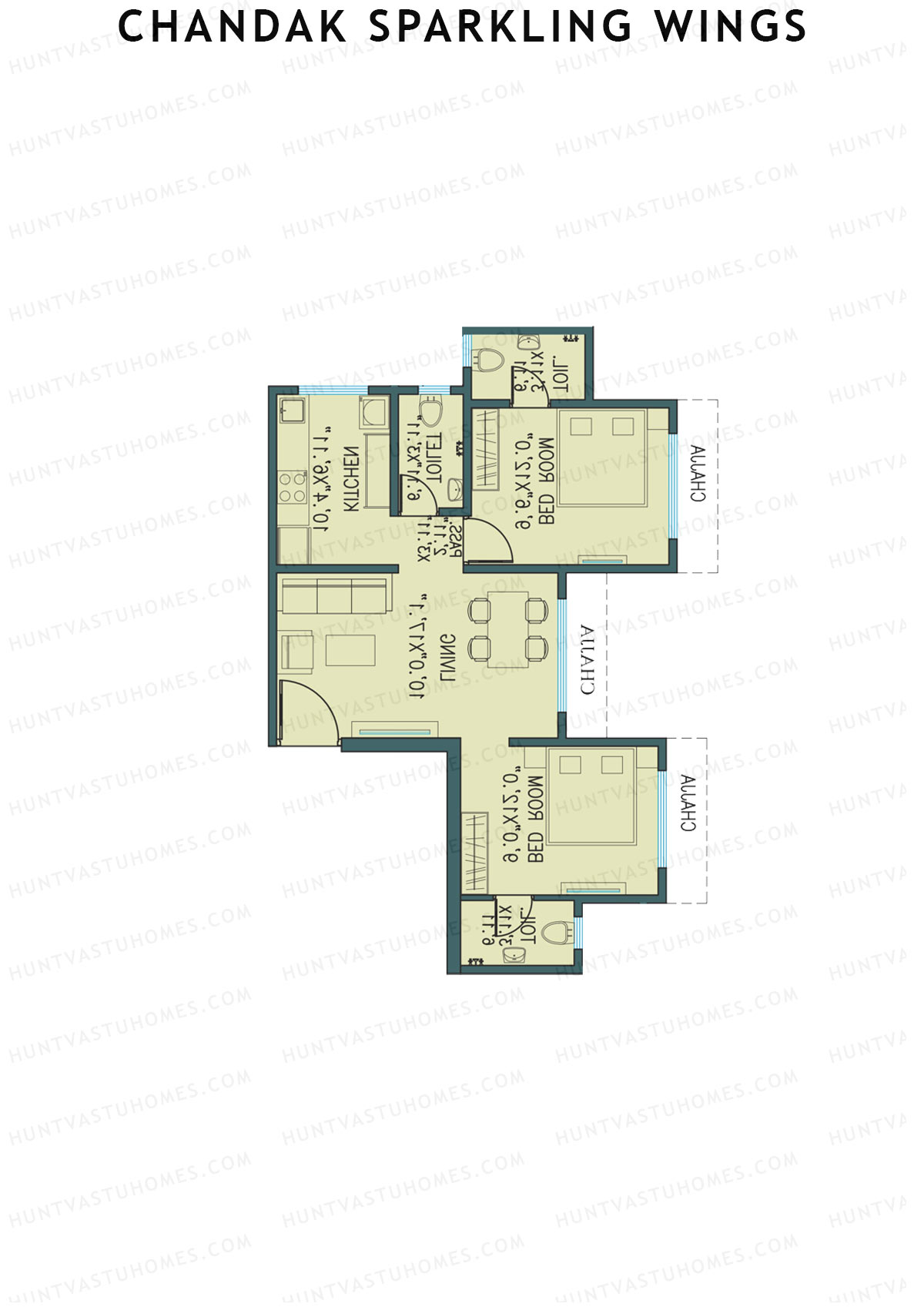 Chandak Sparkling Wings, Wing C, Unit 2, 2BHK, Carpet Area 568   sq ft 