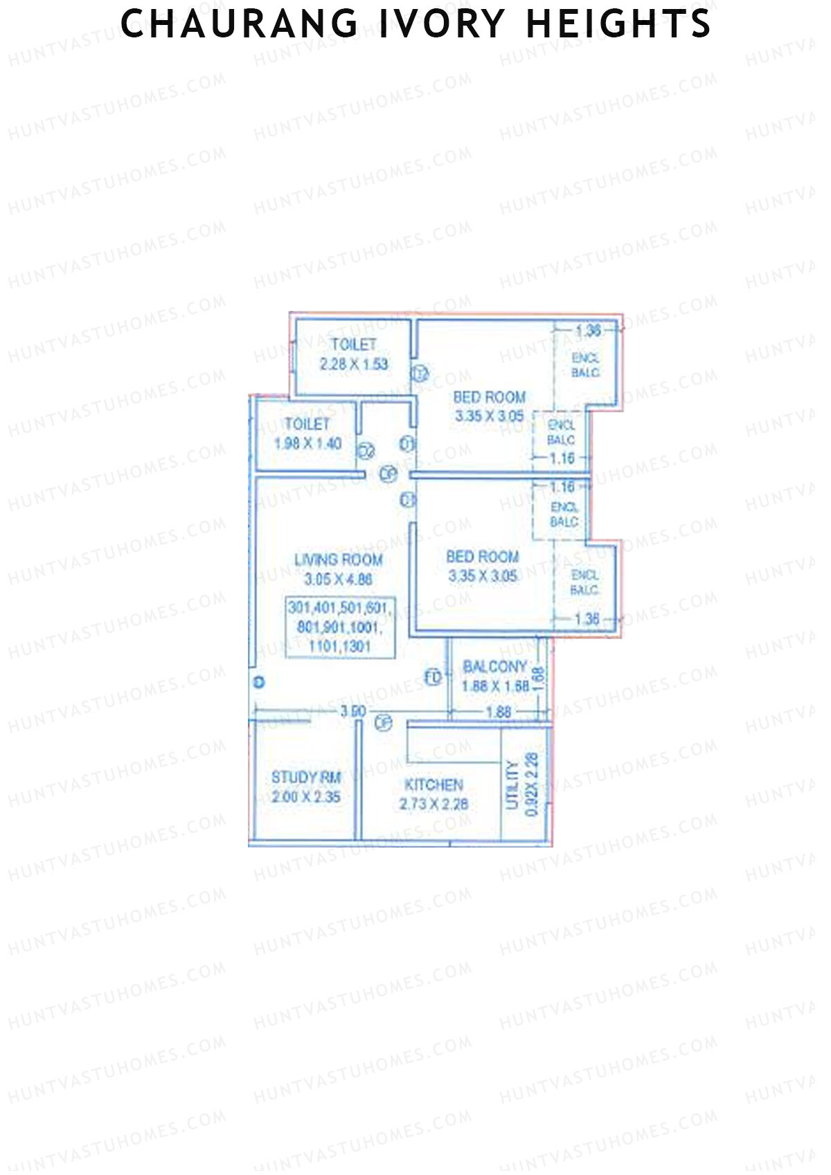 Chaurang Ivory Heights, Wing A, Unit 1, 2BHK, Carpet Area 708   sq ft 