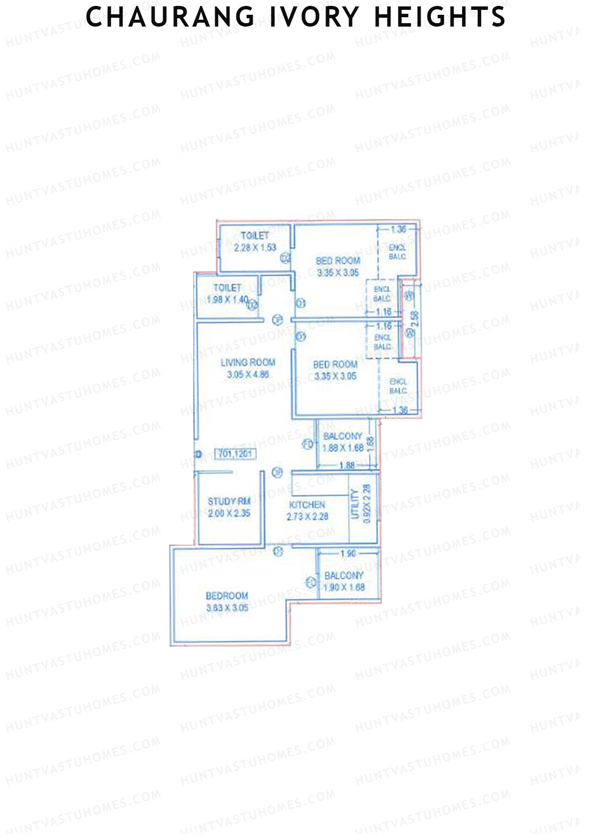 Chaurang Ivory Heights, Wing A, Unit 1, 3BHK, Carpet Area 889   sq ft 