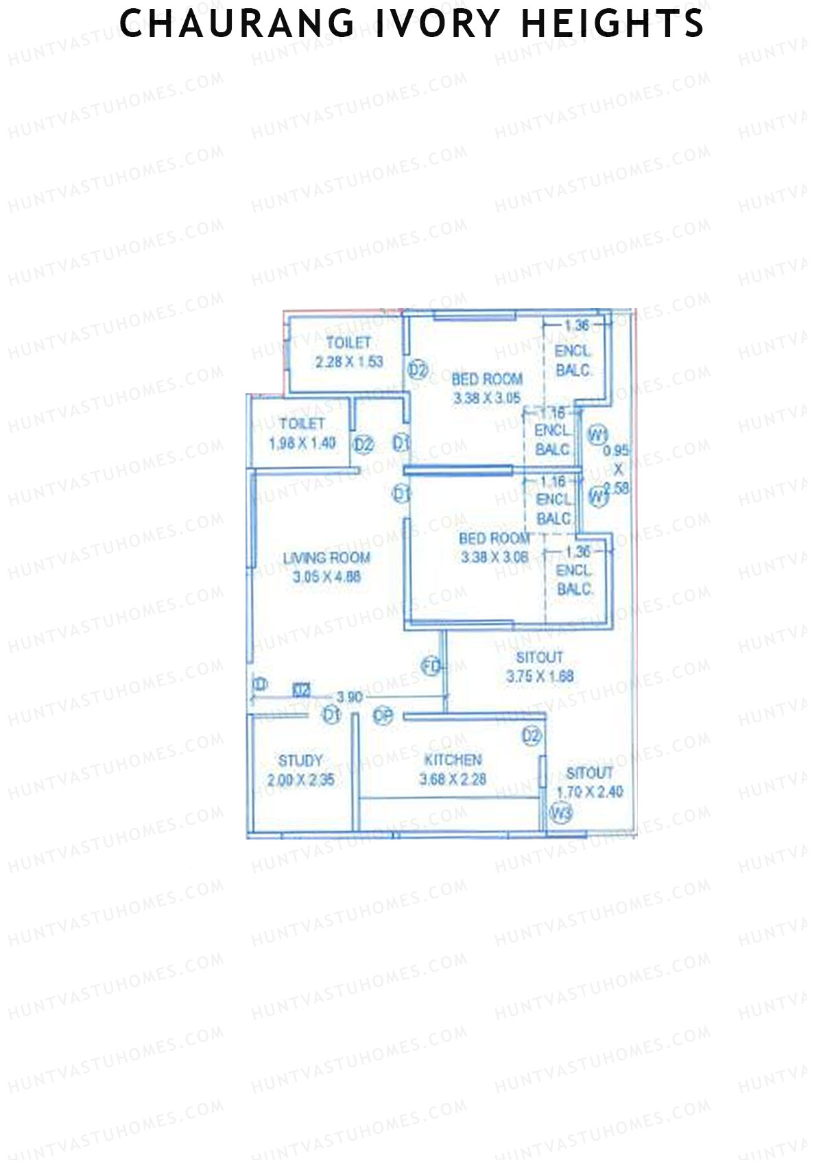 Chaurang Ivory Heights, Wing A, Unit 2, 2BHK, Carpet Area 848   sq ft 