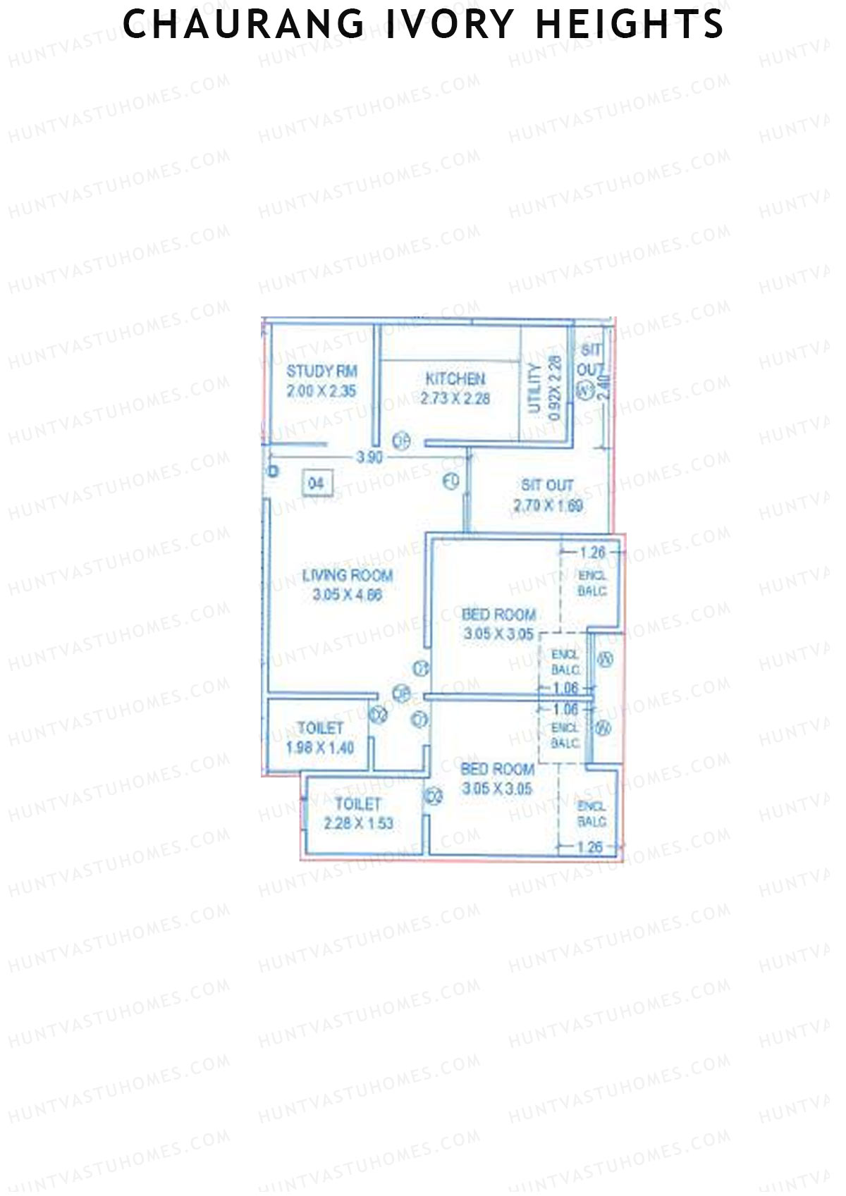 Chaurang Ivory Heights, Wing A, Unit 4, 2BHK, Carpet Area 725   sq ft 