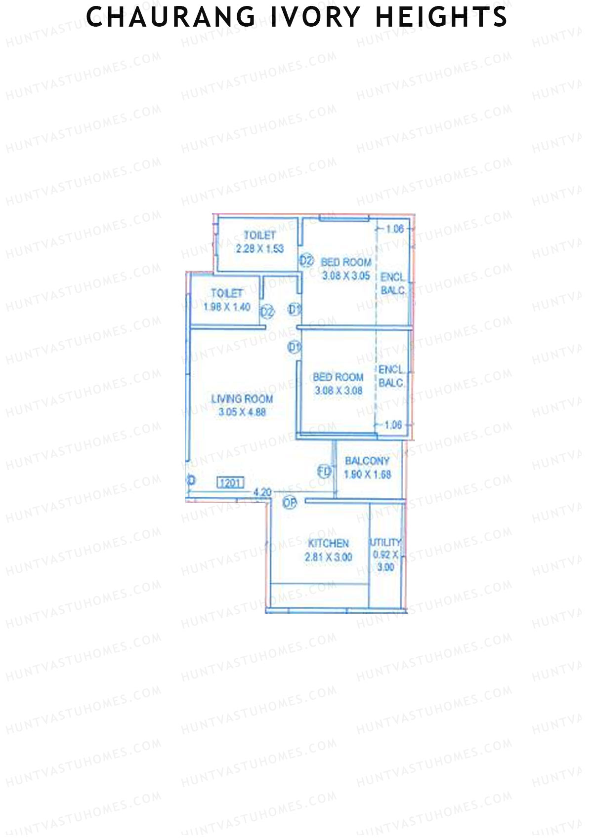 Chaurang Ivory Heights, Wing B, Unit 1, 2BHK, Carpet Area 670   sq ft 