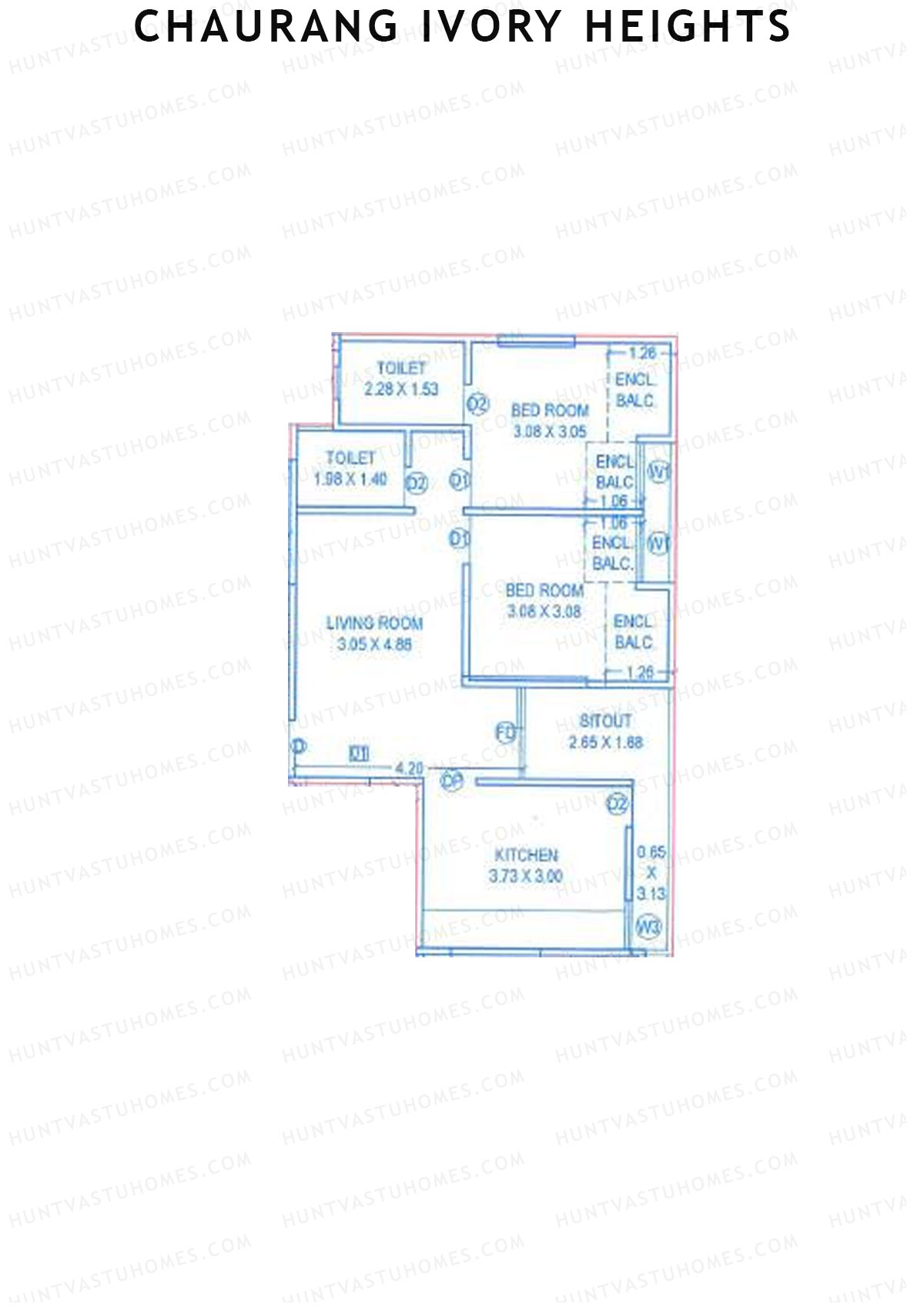 Chaurang Ivory Heights, Wing B, Unit 1, 2BHK, Carpet Area 711   sq ft 