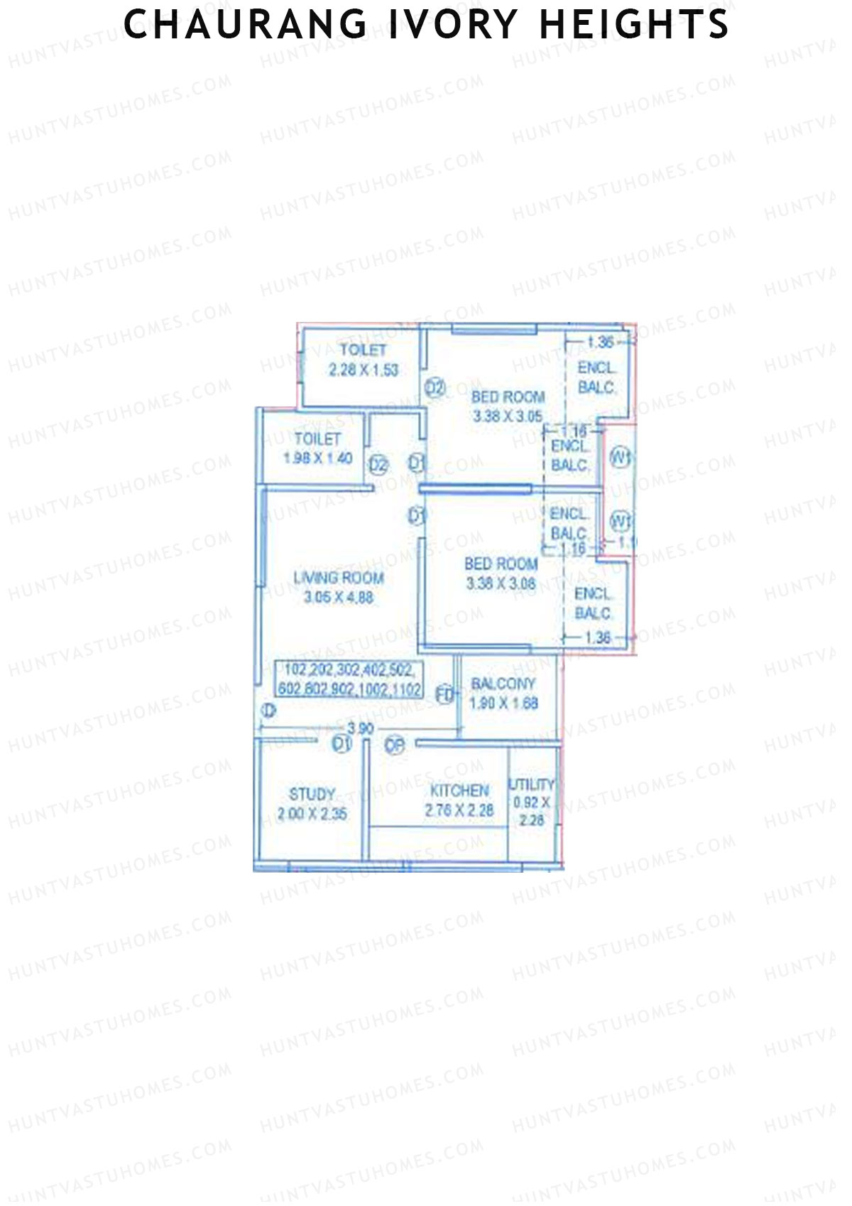 Chaurang Ivory Heights, Wing B, Unit 2, 2BHK, Carpet Area 708   sq ft 