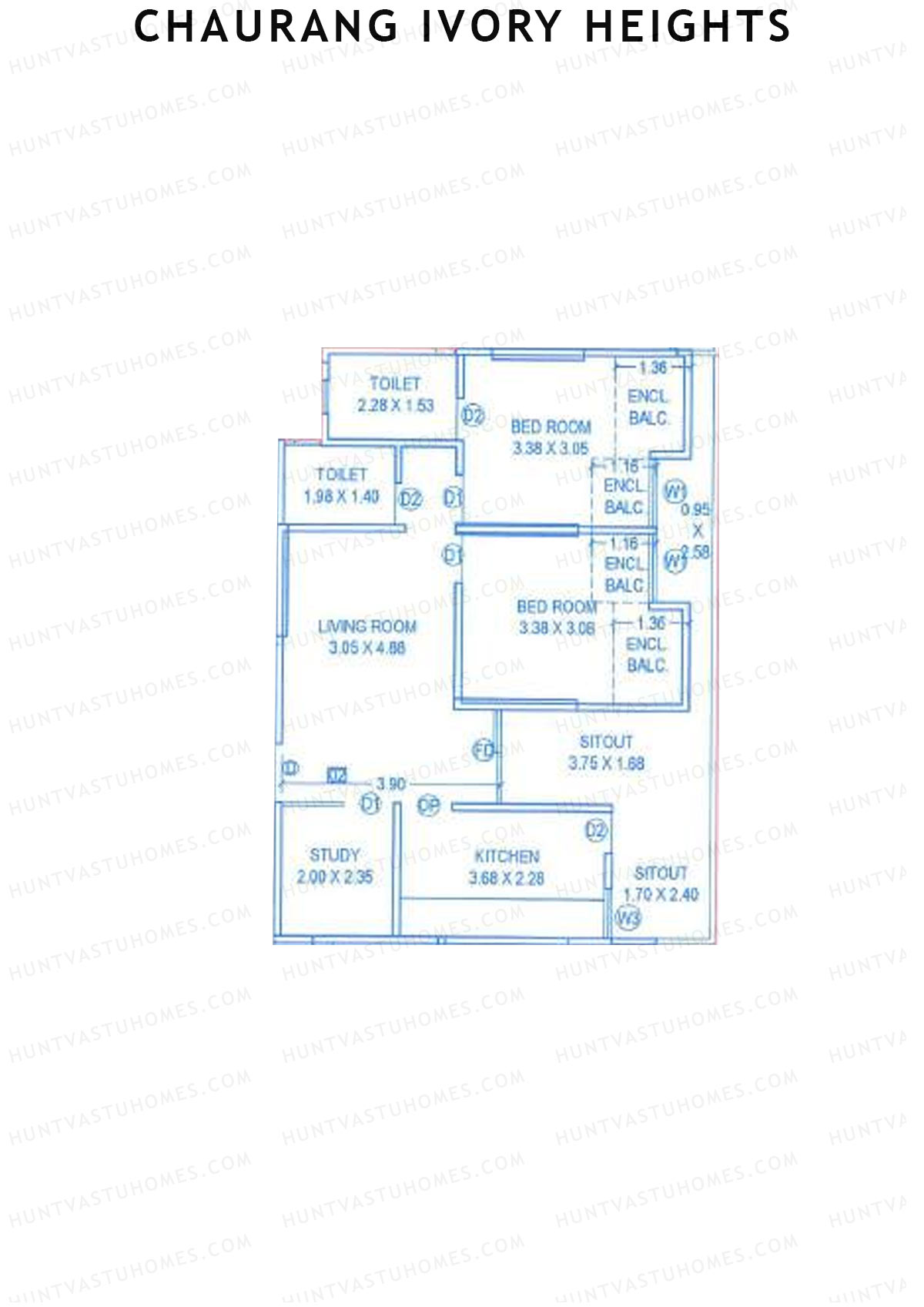 Chaurang Ivory Heights, Wing B, Unit 2, 2BHK, Carpet Area 849   sq ft 