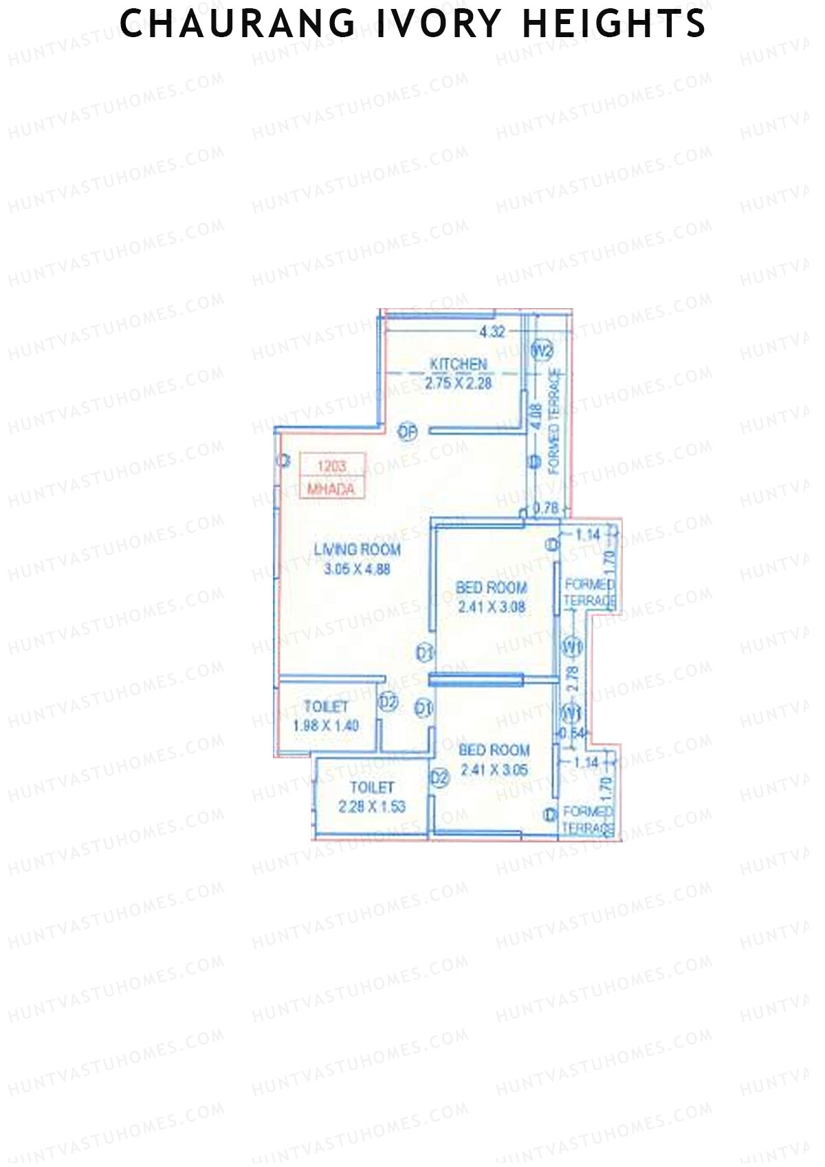 Chaurang Ivory Heights, Wing B, Unit 3, 2BHK, Carpet Area 526   sq ft 