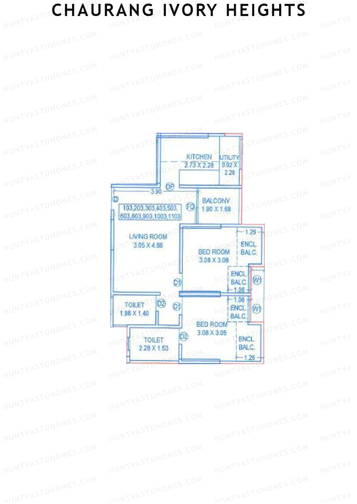 Chaurang Ivory Heights, Wing B, Unit 3, 2BHK, Carpet Area 633   sq ft 