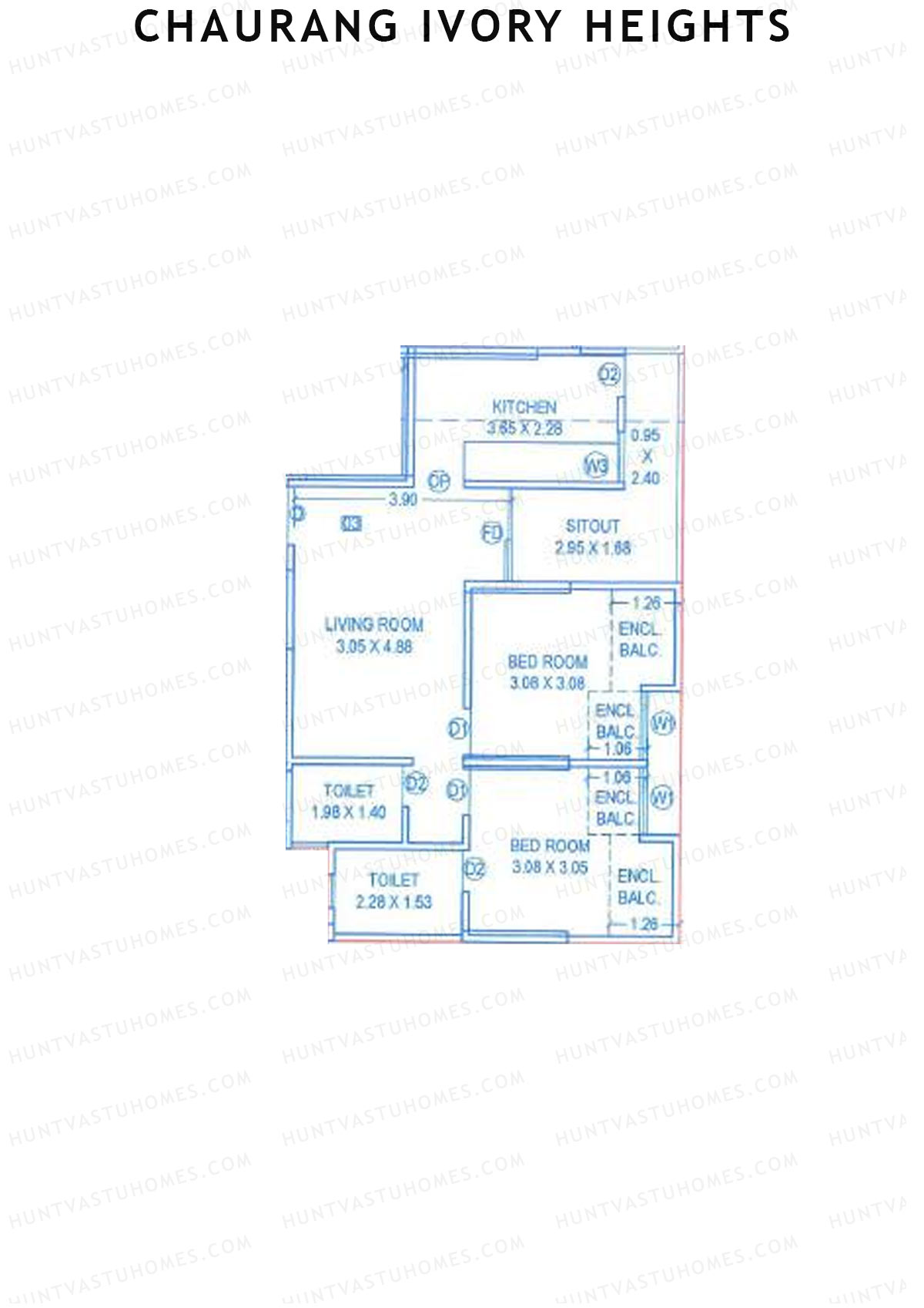 Chaurang Ivory Heights, Wing B, Unit 3, 2BHK, Carpet Area 682   sq ft 