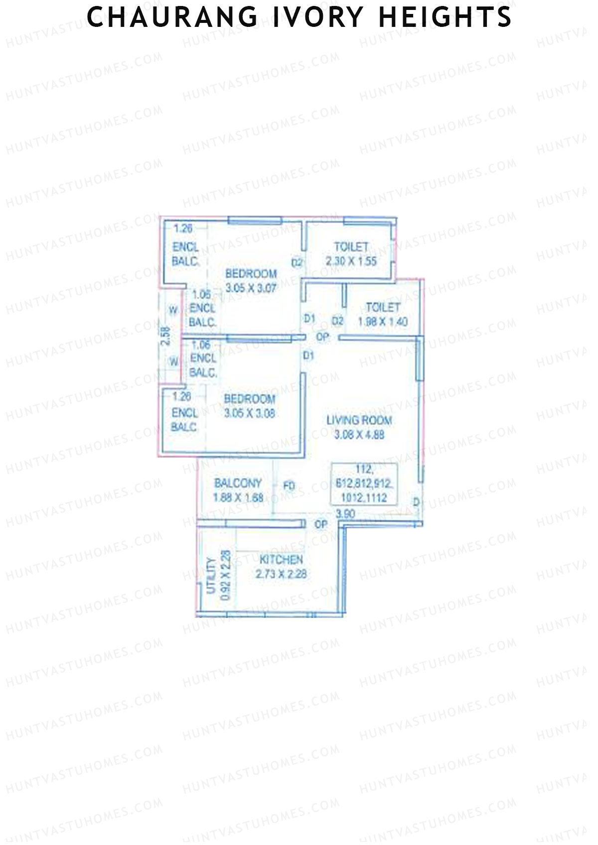 Chaurang Ivory Heights, Wing C, Unit 12, 2BHK, Carpet Area 636   sq ft 