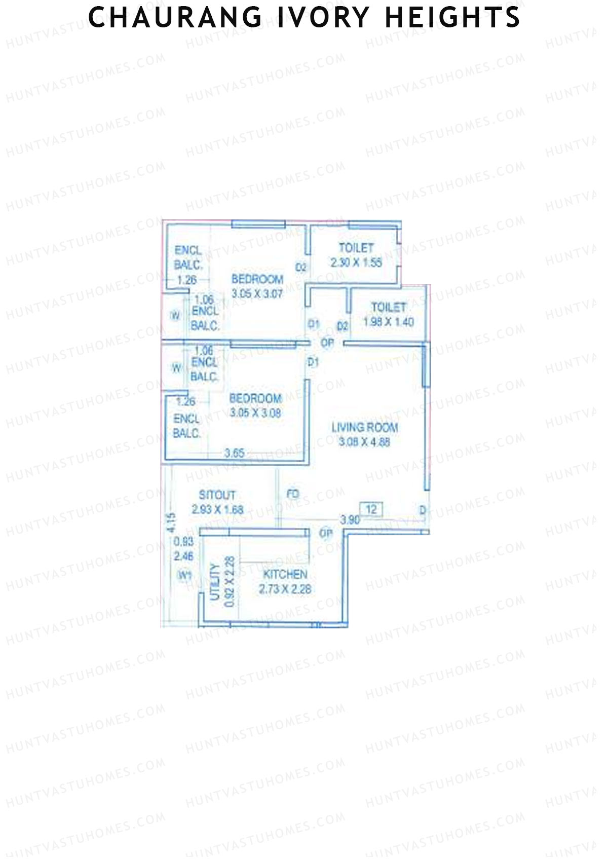 Chaurang Ivory Heights, Wing C, Unit 12, 2BHK, Carpet Area 681   sq ft 