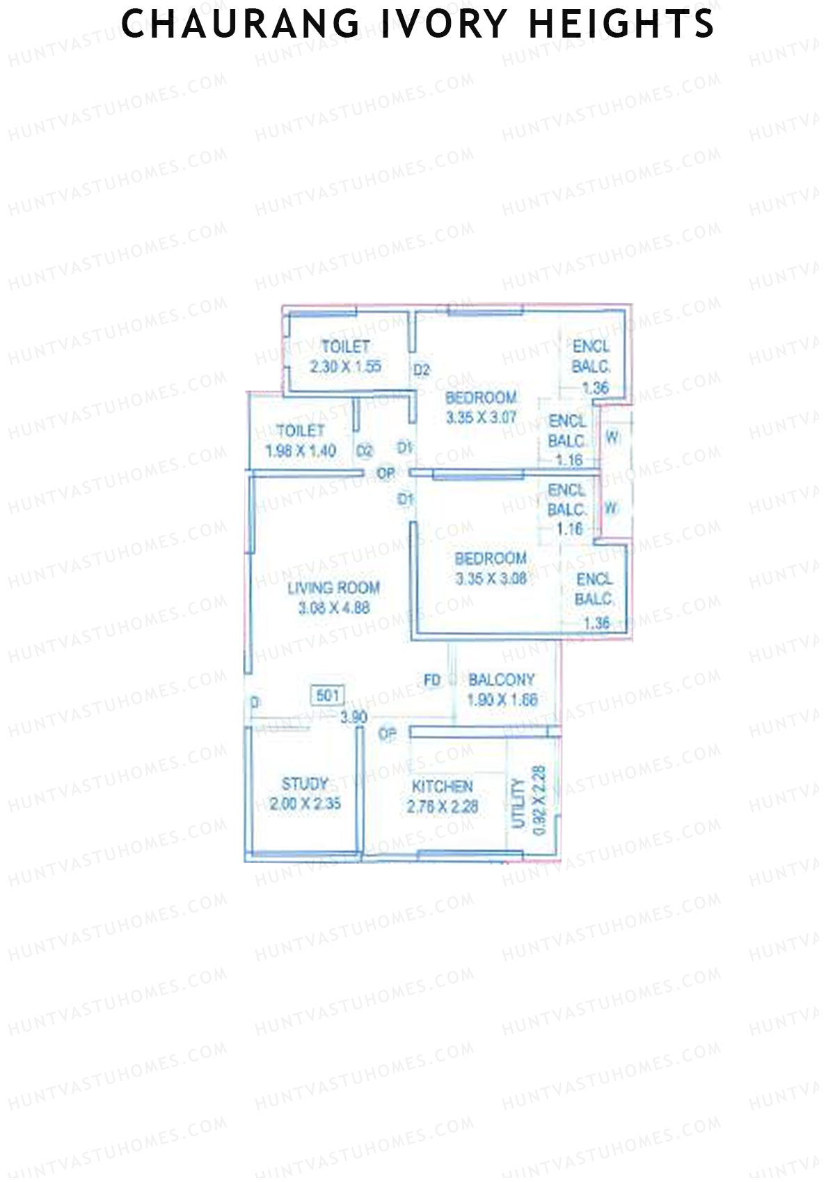 Chaurang Ivory Heights, Wing C, Unit 1, 2BHK, Carpet Area 713   sq ft 