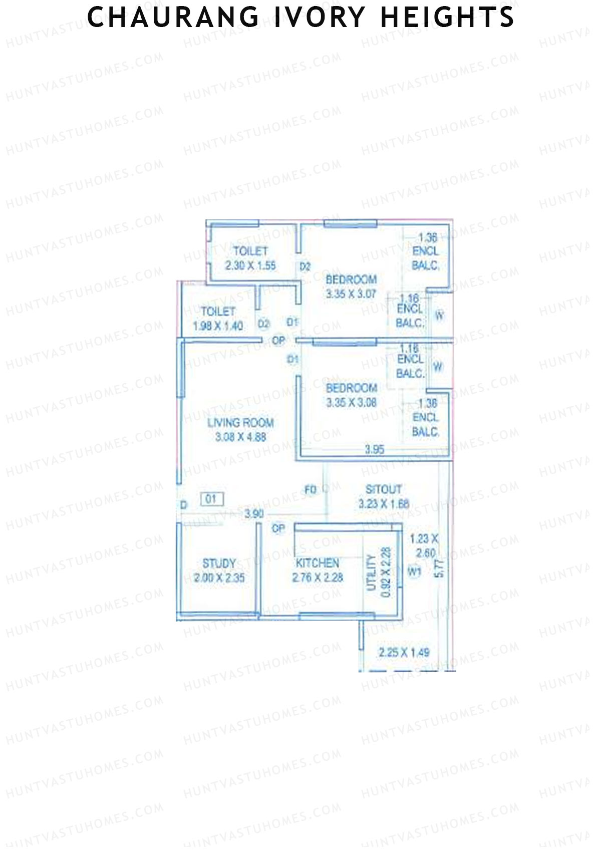 Chaurang Ivory Heights, Wing C, Unit 1, 2BHK, Carpet Area 814   sq ft 
