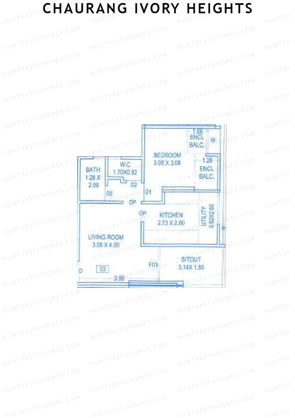 Chaurang Ivory Heights, Wing C, Unit 3, 1BHK, Carpet Area 513   sq ft 