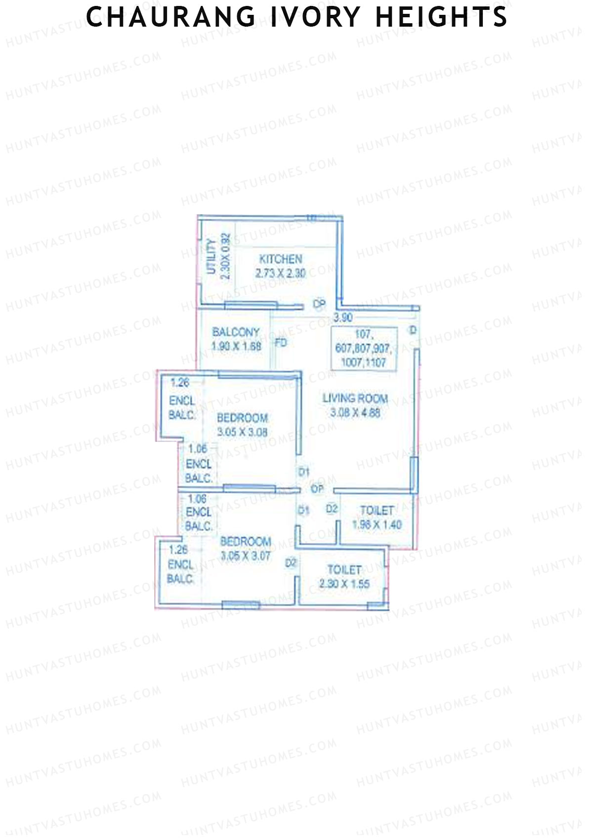 Chaurang Ivory Heights, Wing C, Unit 7, 2BHK, Carpet Area 633   sq ft 