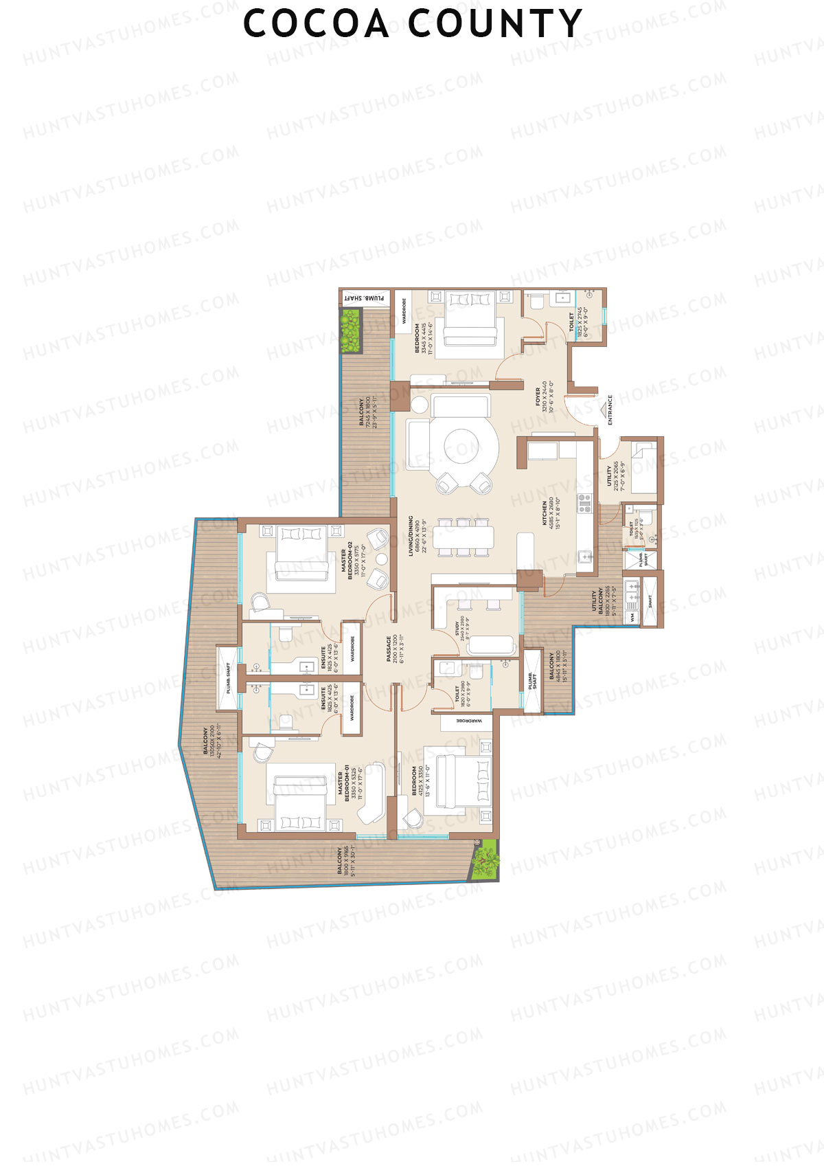 Cocoa County, Tower C2, Unit 2 (Type C), 4BHK, Super Area 2997   sq ft 