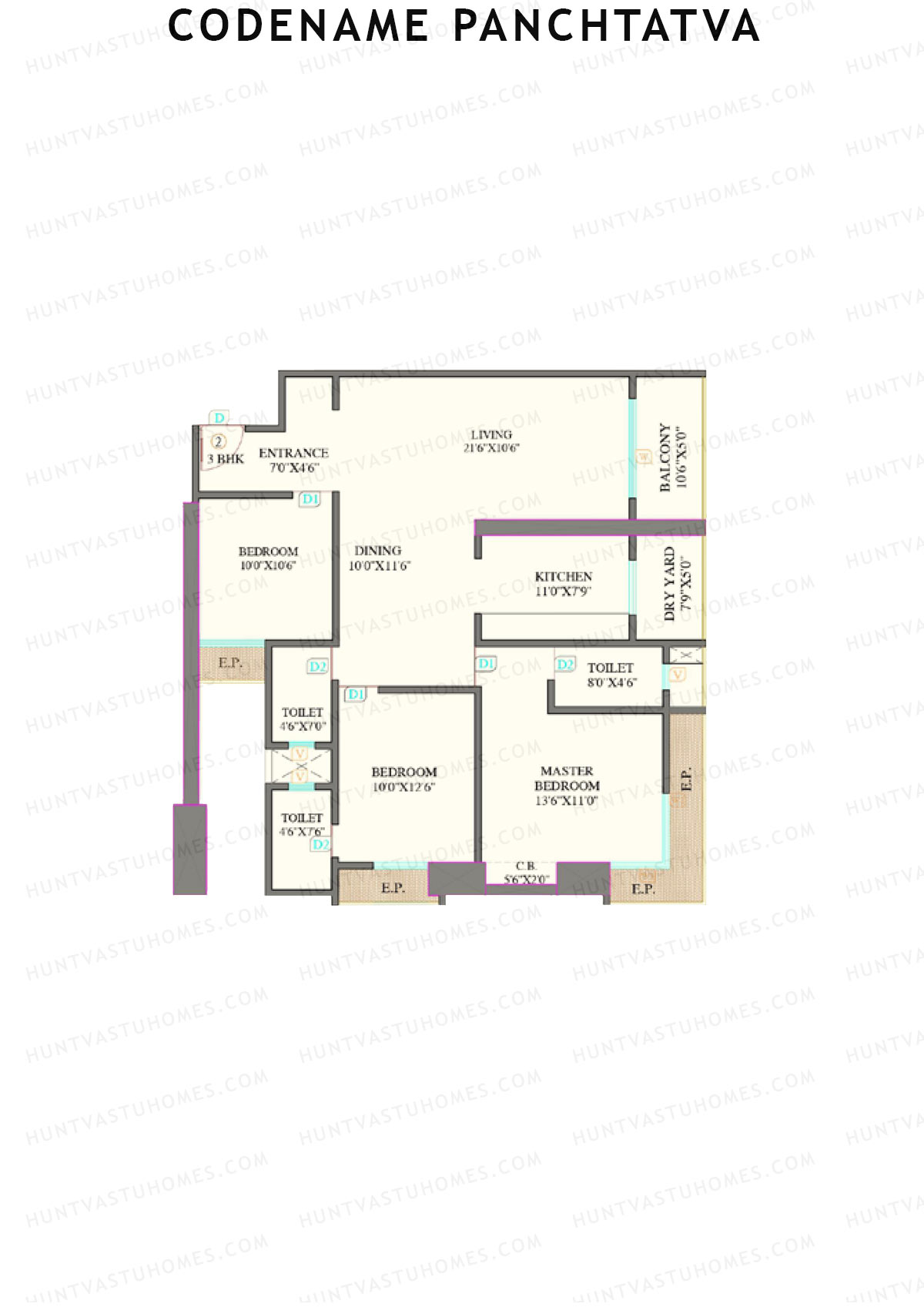 Codename Panchtatva, Panchtatva, Unit 2, 3BHK, Carpet Area 1166   sq ft 