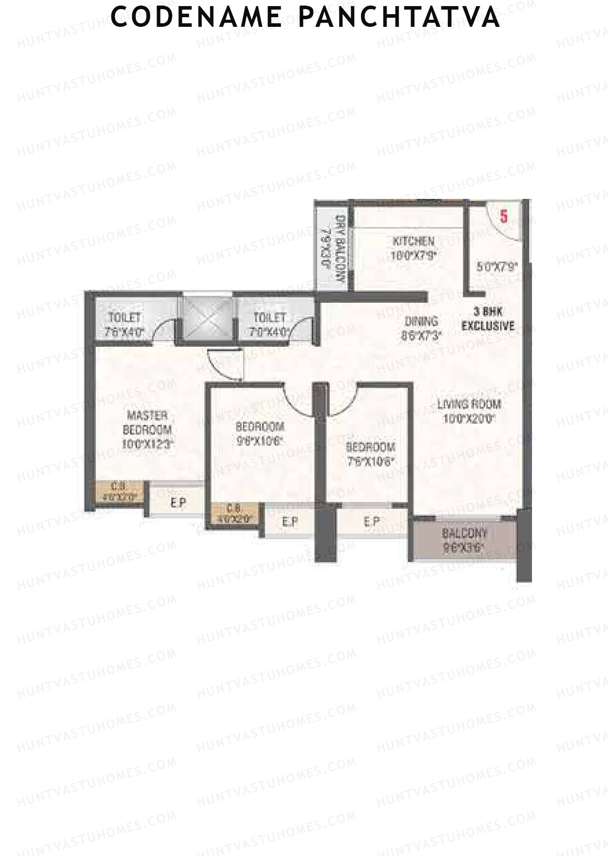 Codename Panchtatva, Panchtatva, Unit 5, 3BHK, Carpet Area 898   sq ft 