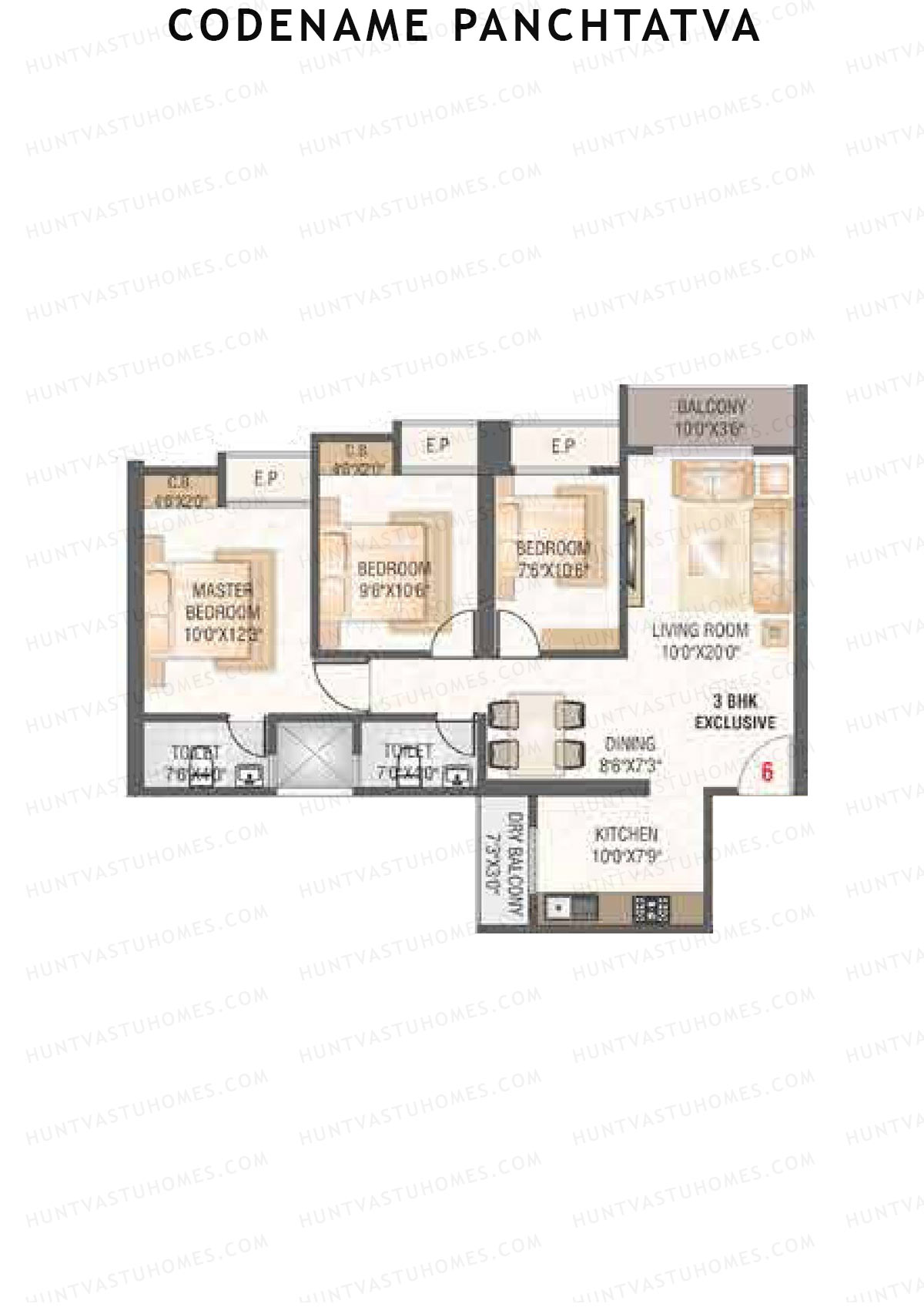 Codename Panchtatva, Panchtatva, Unit 6, 3BHK, Carpet Area 856   sq ft 