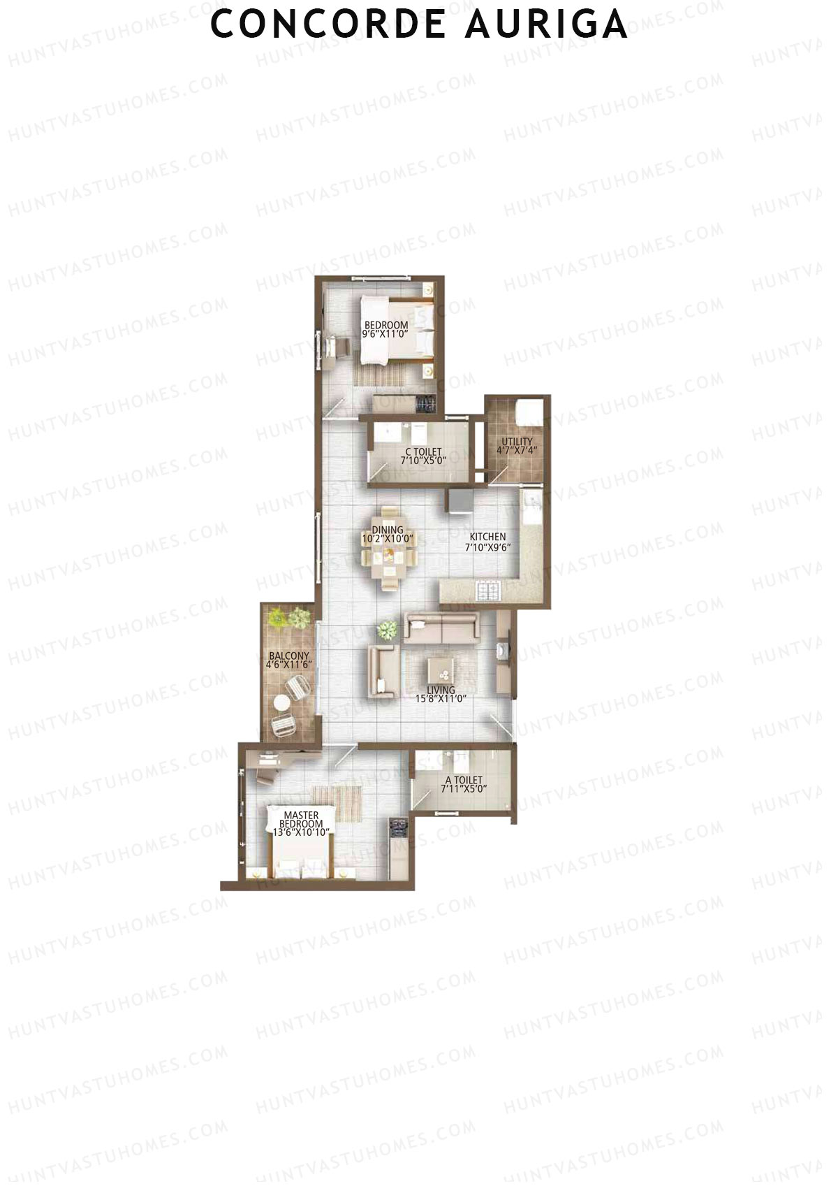 Concorde Auriga, Block A, Unit 1, 2BHK, Super Area 1151   sq ft 