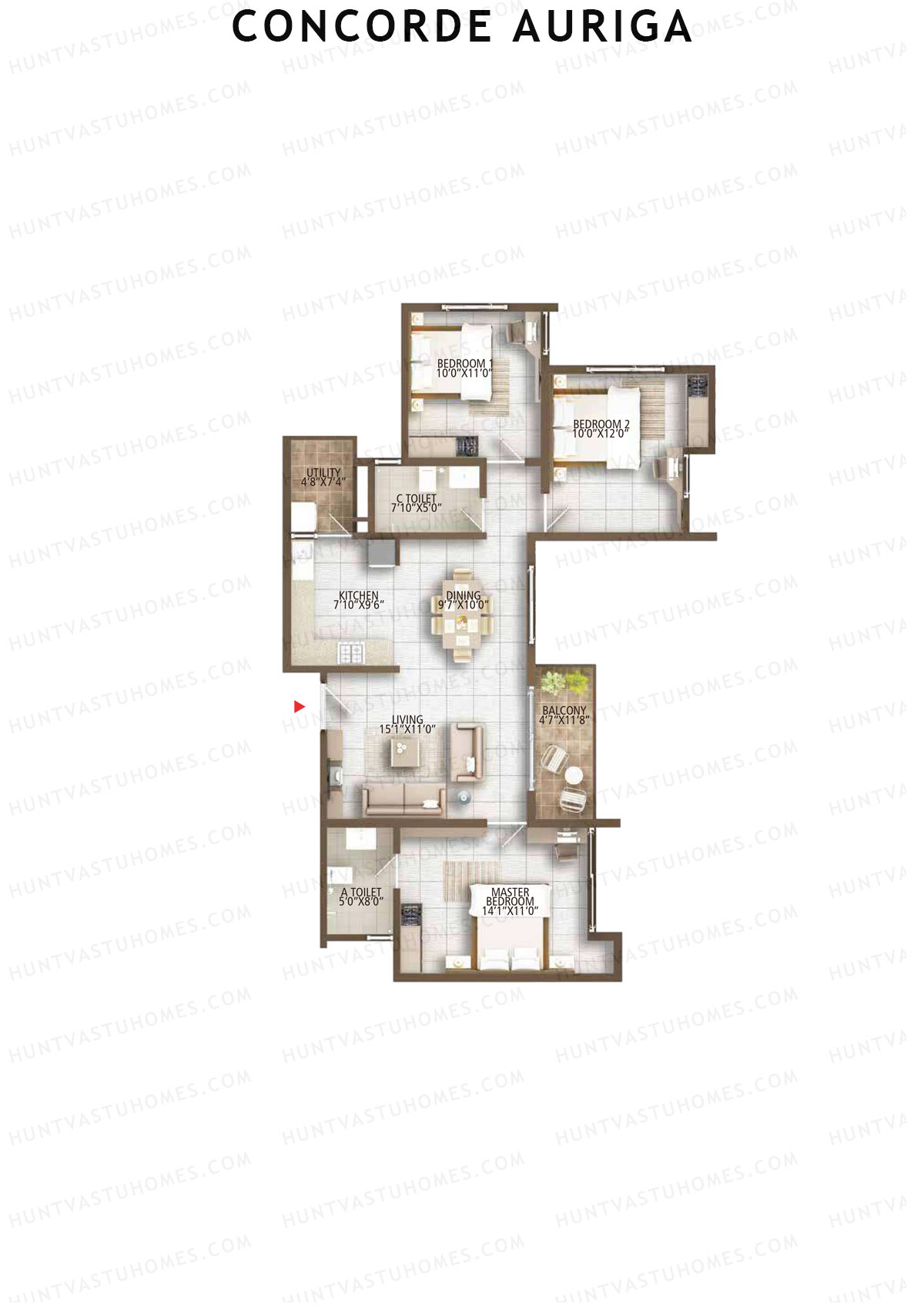 Concorde Auriga, Block A, Unit 2, 3BHK, Super Area 1361   sq ft 