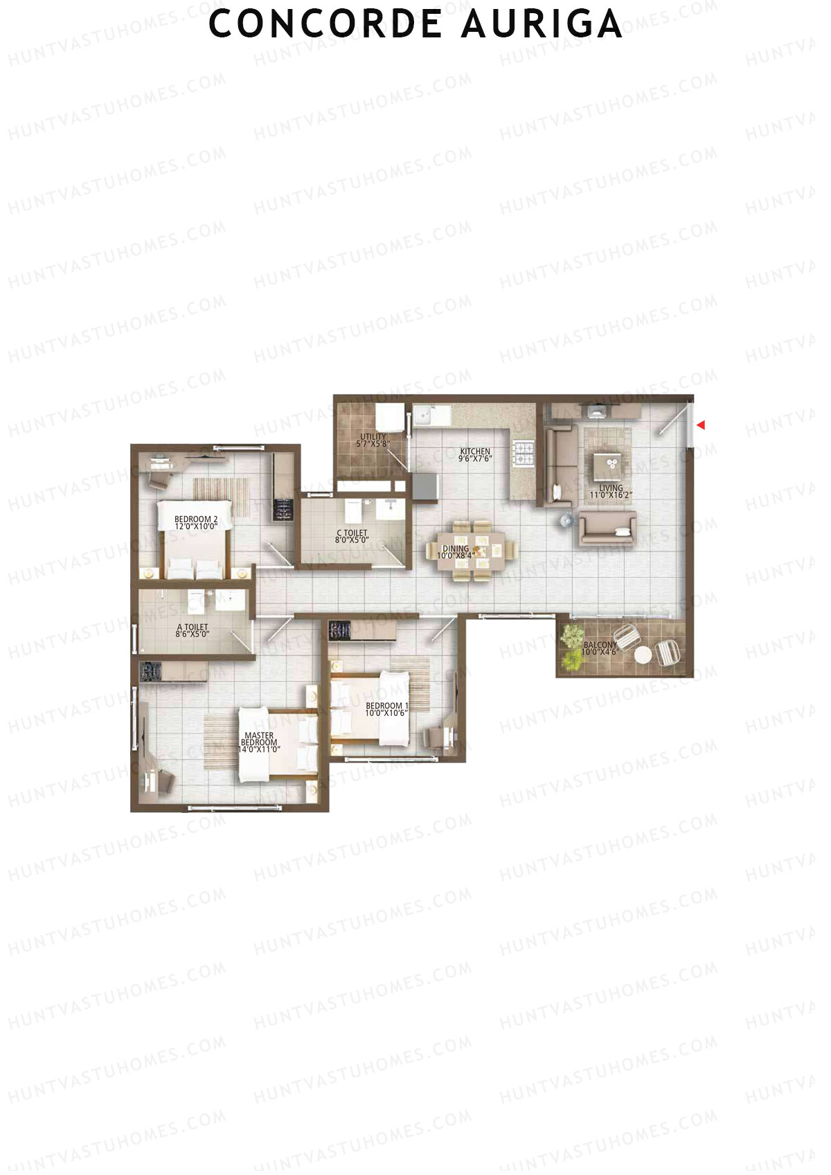 Concorde Auriga, Block A, Unit 5, 3BHK, Super Area 1351   sq ft 