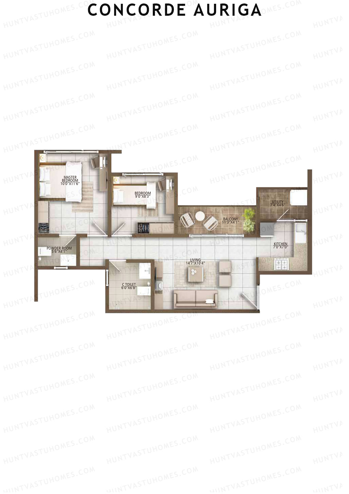 Concorde Auriga, Block B, Unit 1, 2BHK, Super Area 833   sq ft 