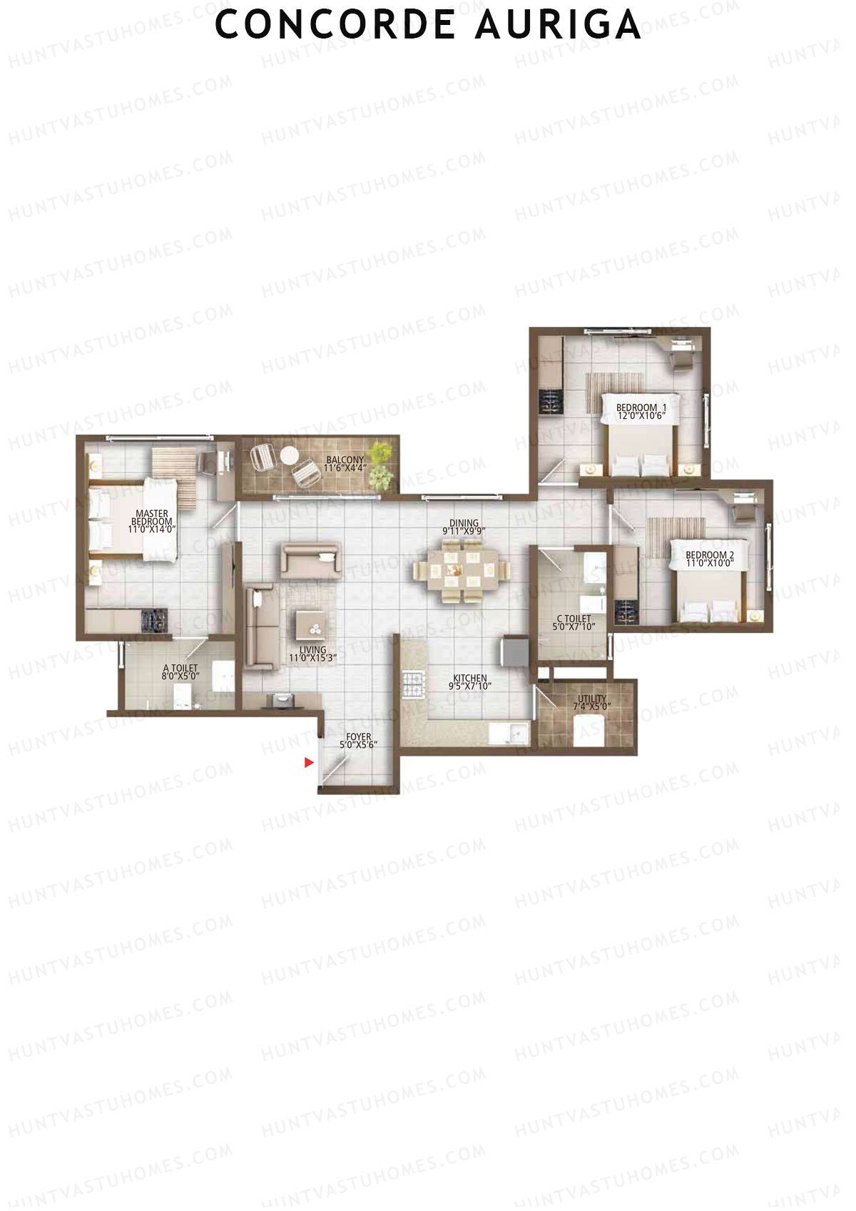 Concorde Auriga, Block B, Unit 2, 3BHK, Super Area 1371   sq ft 