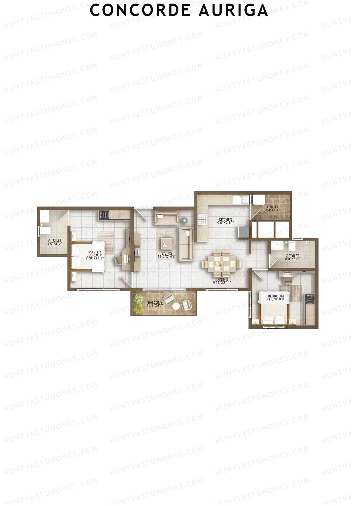 Concorde Auriga, Block B, Unit 3, 2BHK, Super Area 1139   sq ft 