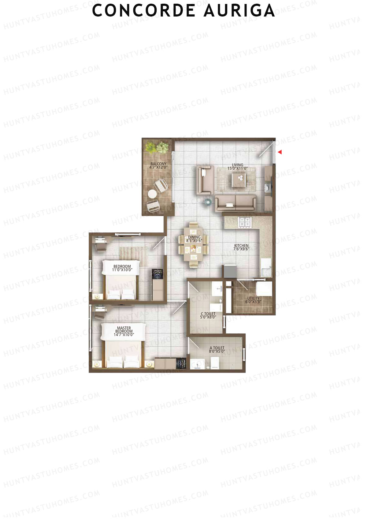 Concorde Auriga, Block B, Unit 4, 2BHK, Super Area 1097   sq ft 