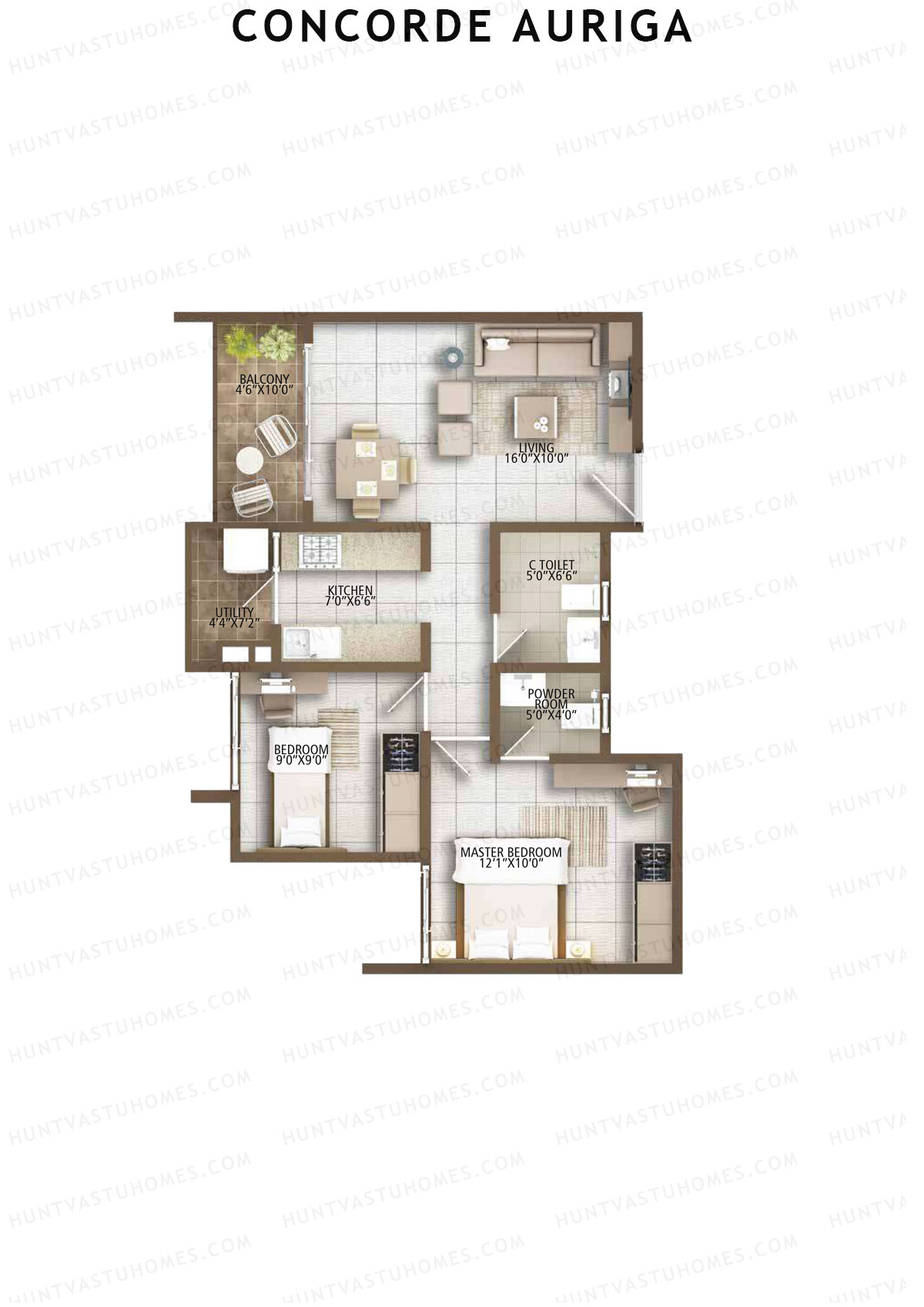 Concorde Auriga, Block B, Unit 5, 2BHK, Super Area 837   sq ft 