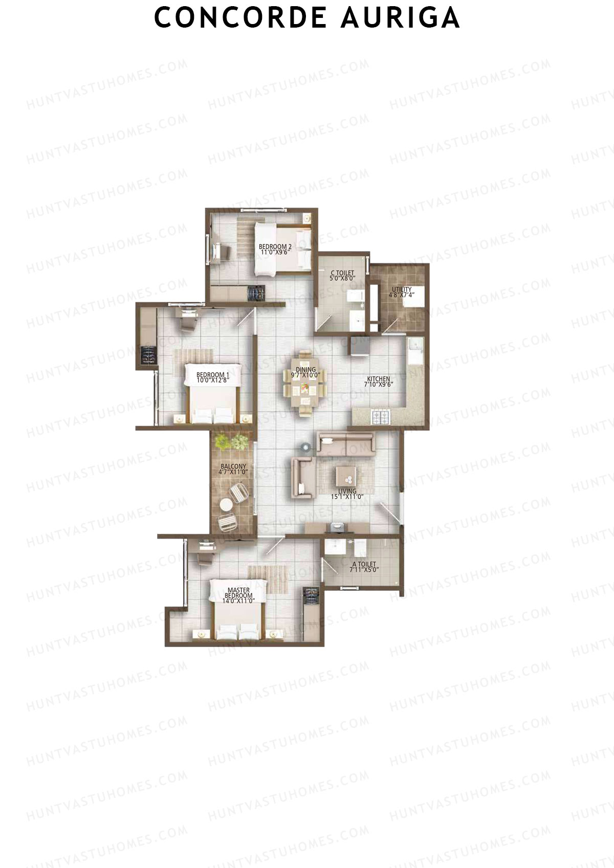 Concorde Auriga, Block B, Unit 6, 3BHK, Super Area 1334   sq ft 