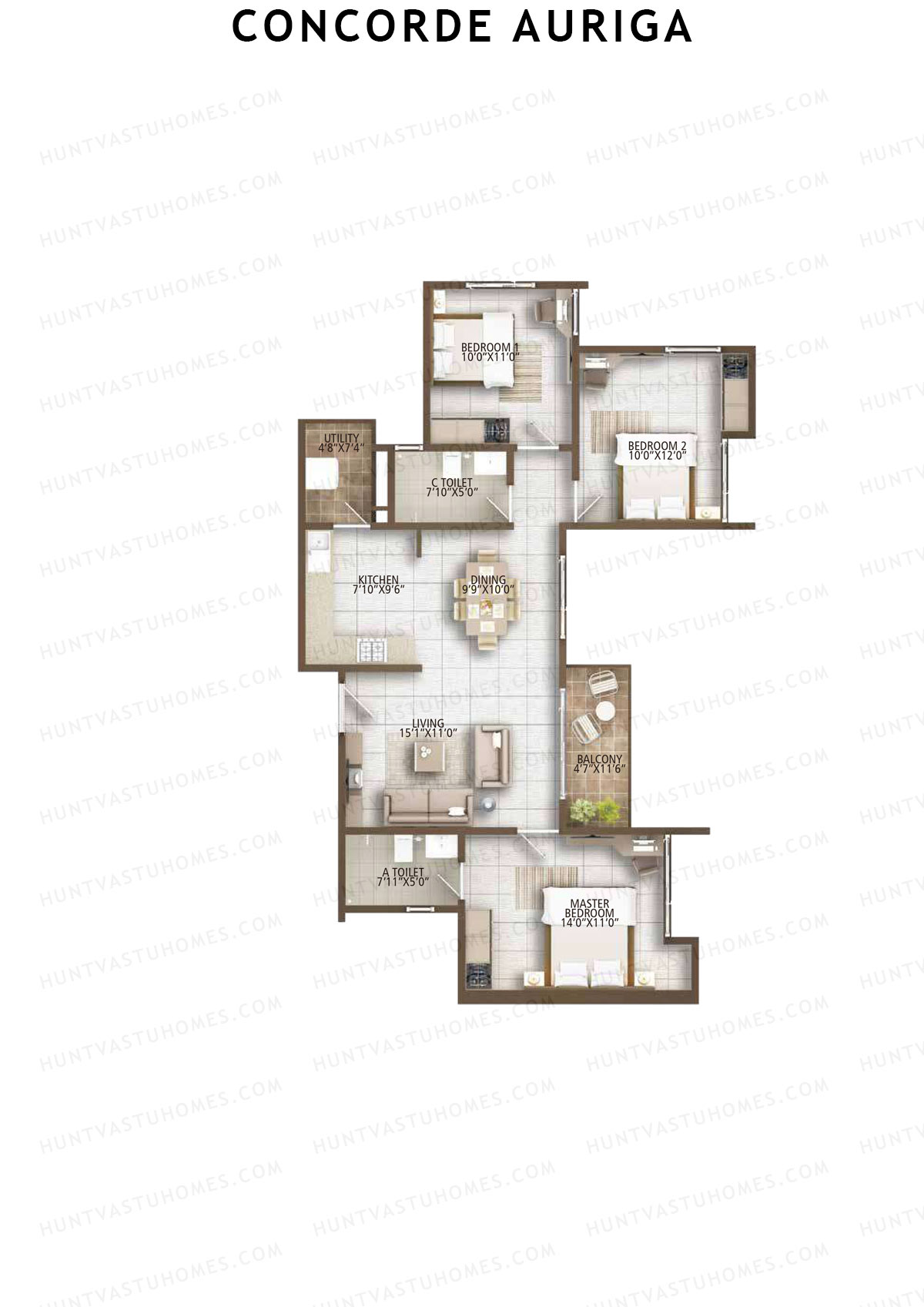 Concorde Auriga, Block B, Unit 7, 3BHK, Super Area 1344   sq ft 
