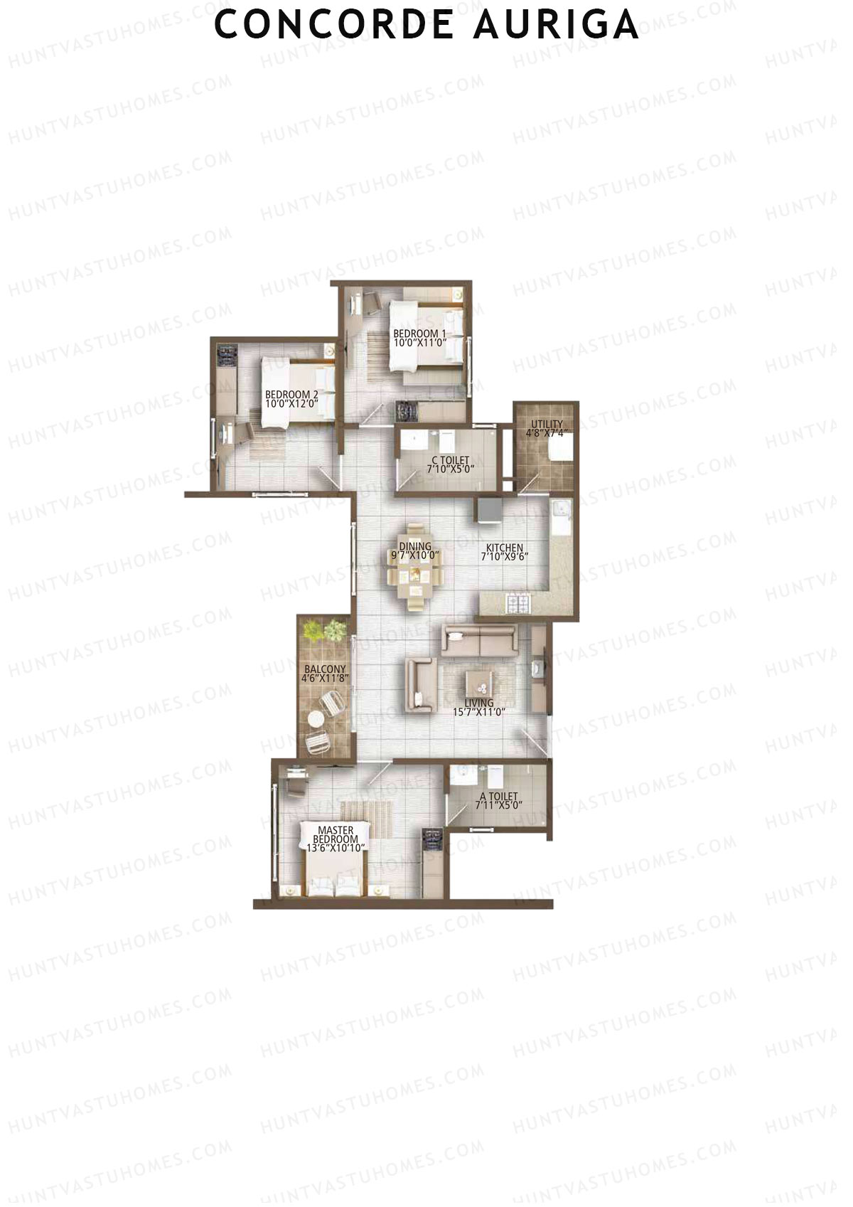 Concorde Auriga, Block C, Unit 1, 3BHK, Super Area 1312   sq ft 