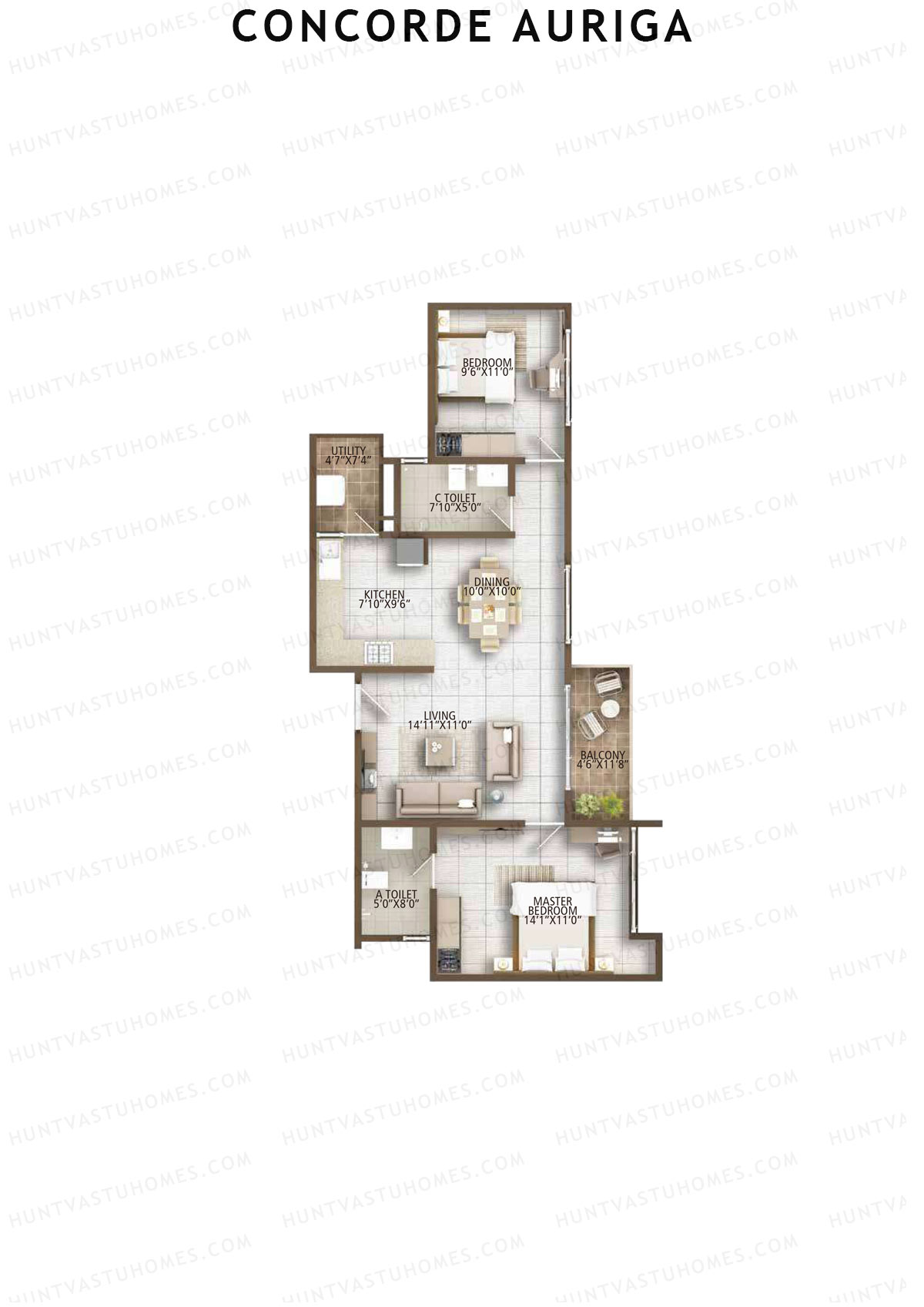 Concorde Auriga, Block C, Unit 2, 2BHK, Super Area 1136   sq ft 