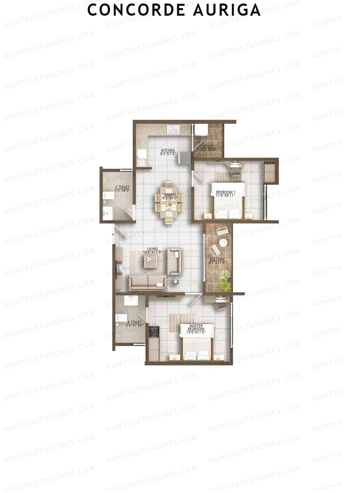 Concorde Auriga, Block C, Unit 3, 2BHK, Super Area 1074   sq ft 