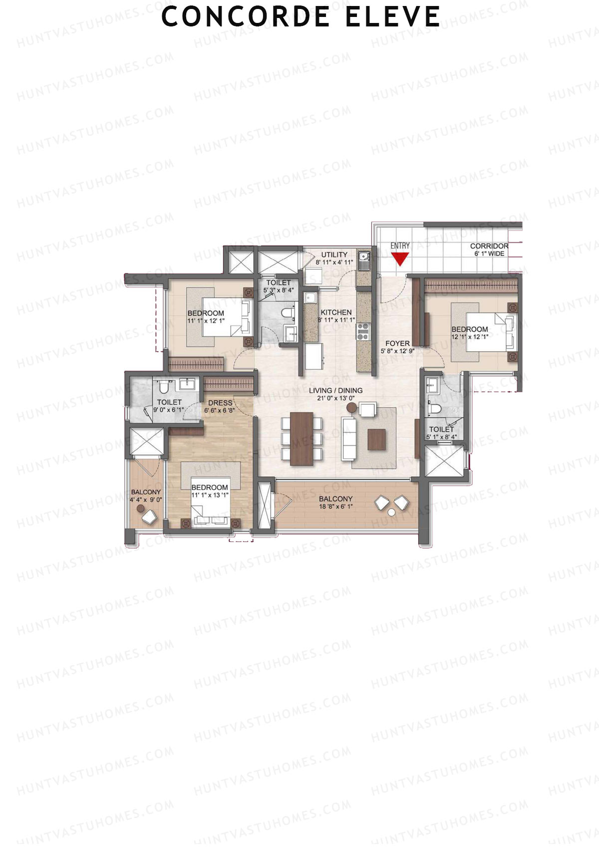 Concorde Eleve, Block Eleve, Unit 2 (Type 2), 3BHK, Super Area 1934   sq ft 