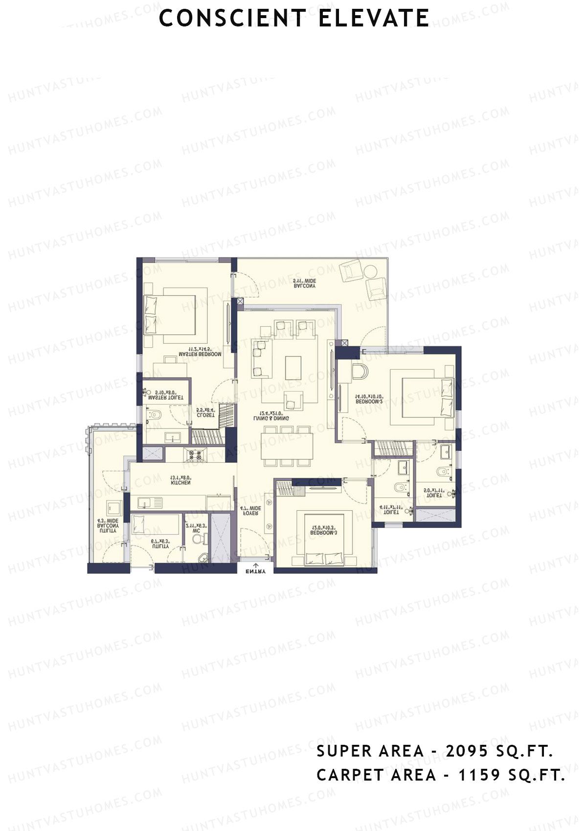 Conscient Elevate Tower B Unit 1 (Type 3A-3bhk) Floor Plan