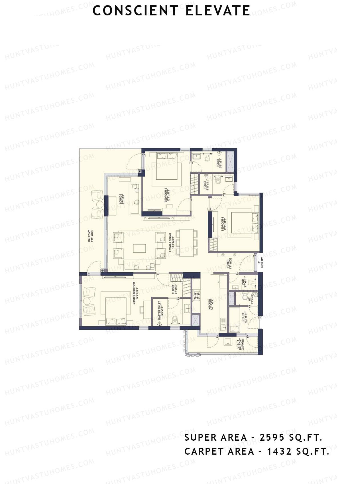Conscient Elevate Tower A Unit 1 (Type 3C-3bhk) Floor Plan