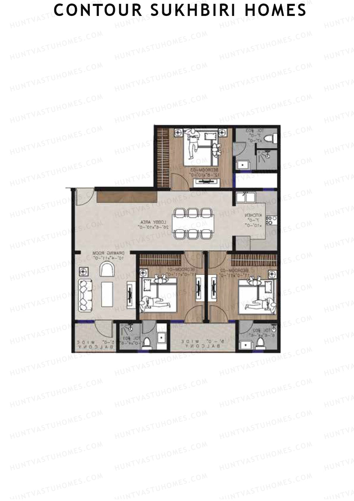 Contour Sukhbiri Homes, Block Fortuna A, Unit 3, 3BHK, Super Area 1400   sq ft 