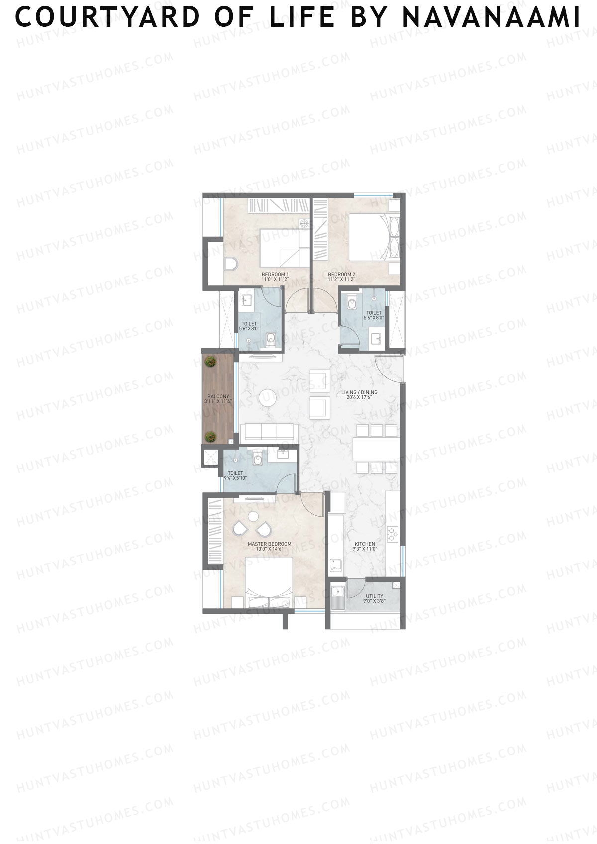 Courtyard Of Life By Navanaami, Tower 1, Unit 16, 3BHK, Super Area 1700   sq ft 