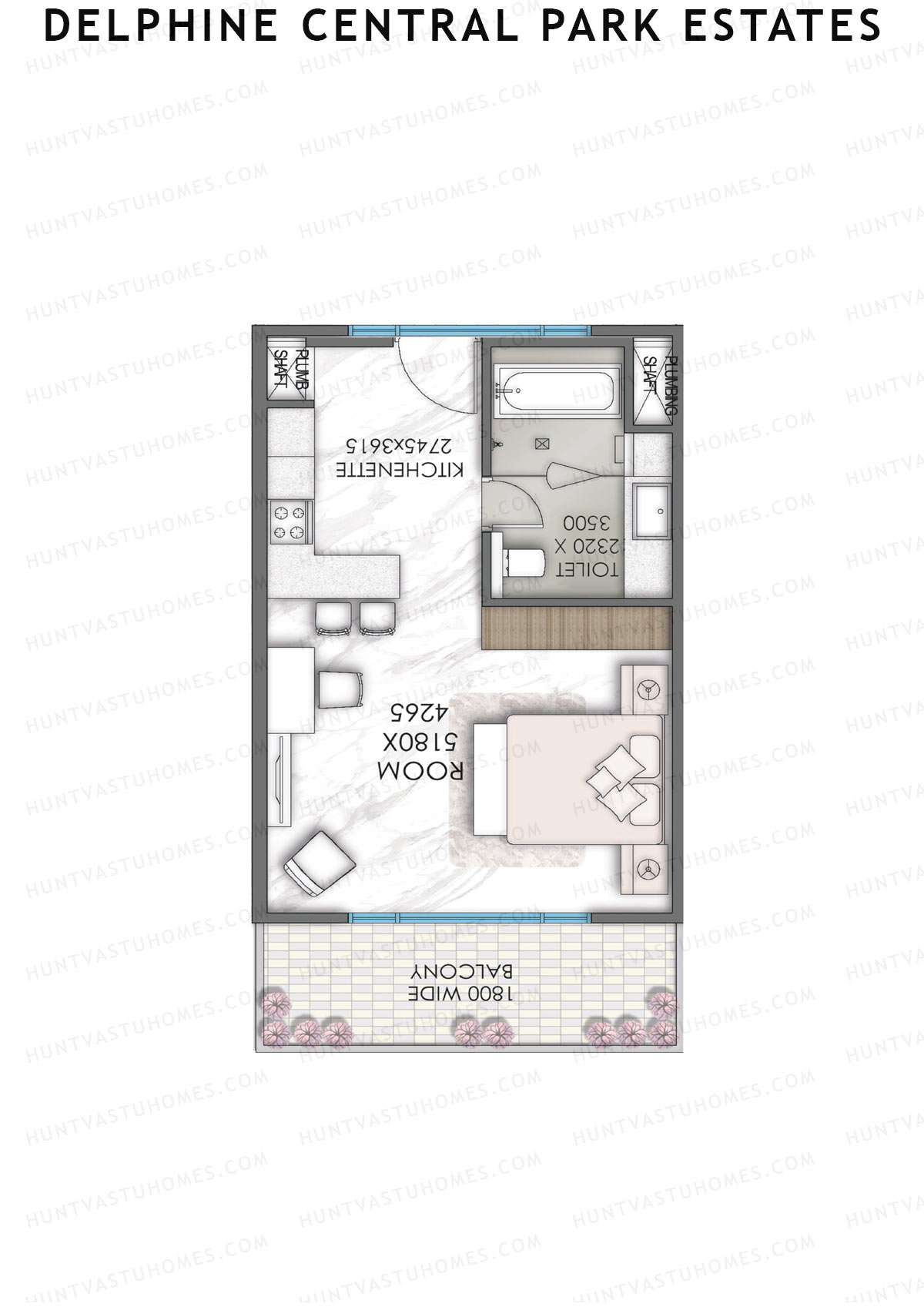 Delphine Central Park Estates, Tower E, Unit 2, 1BHK, Super Area 981   sq ft 