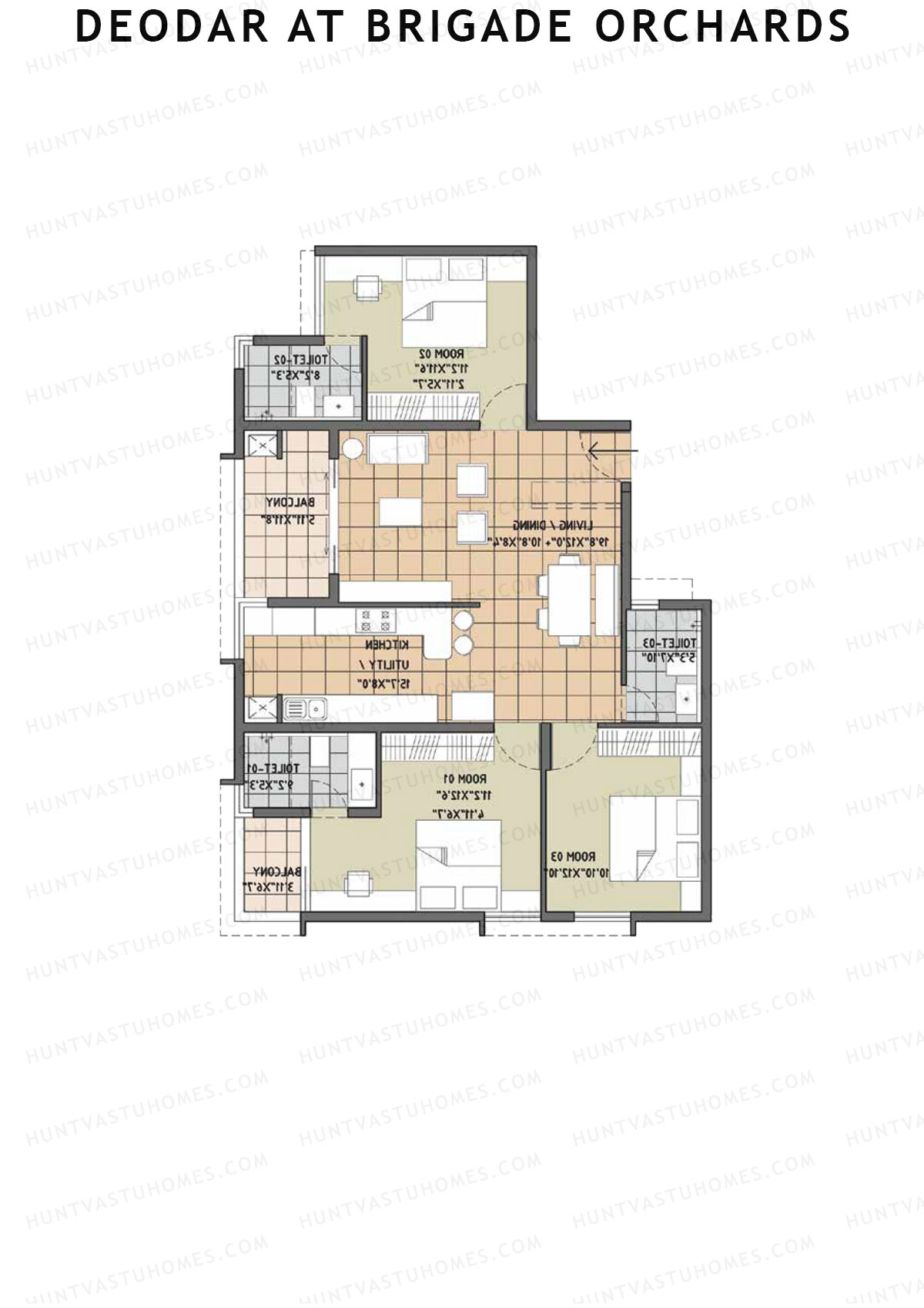 Deodar at Brigade Orchards, Tower A, Unit 2, 3BHK, Super Area 1670   sq ft 