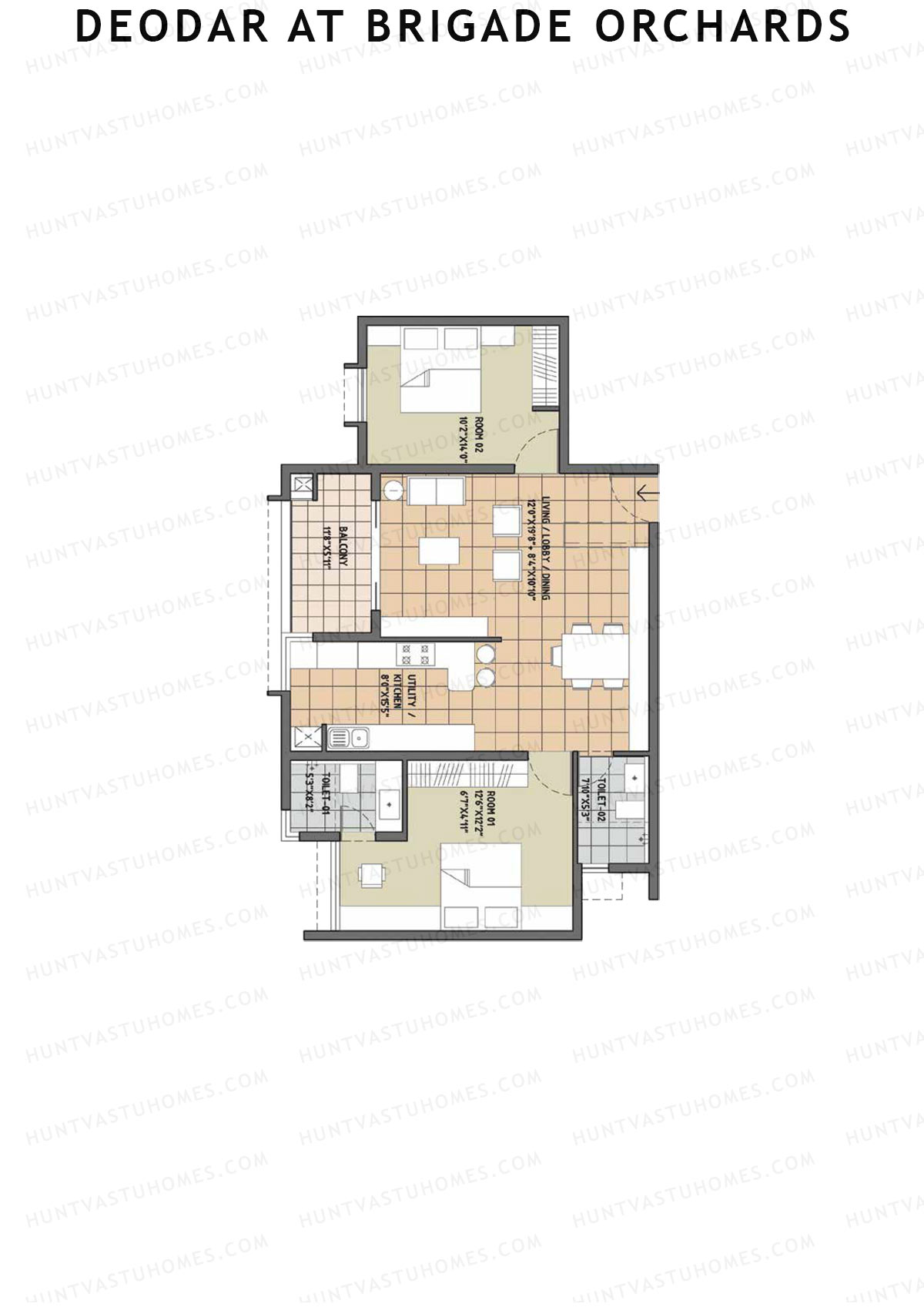 Deodar at Brigade Orchards, Tower A, Unit 4, 2BHK, Super Area 1380   sq ft 